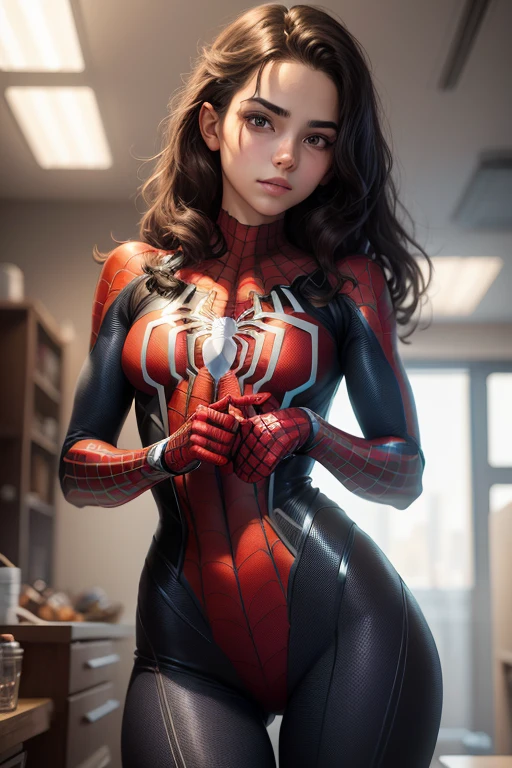 18-year-old girl, traje blanco de Spider-Man, Cabello corto y opaco, rubio, Cara hermosa, techo, Obra maestra, Detalles intrincados, Perfect anatomy