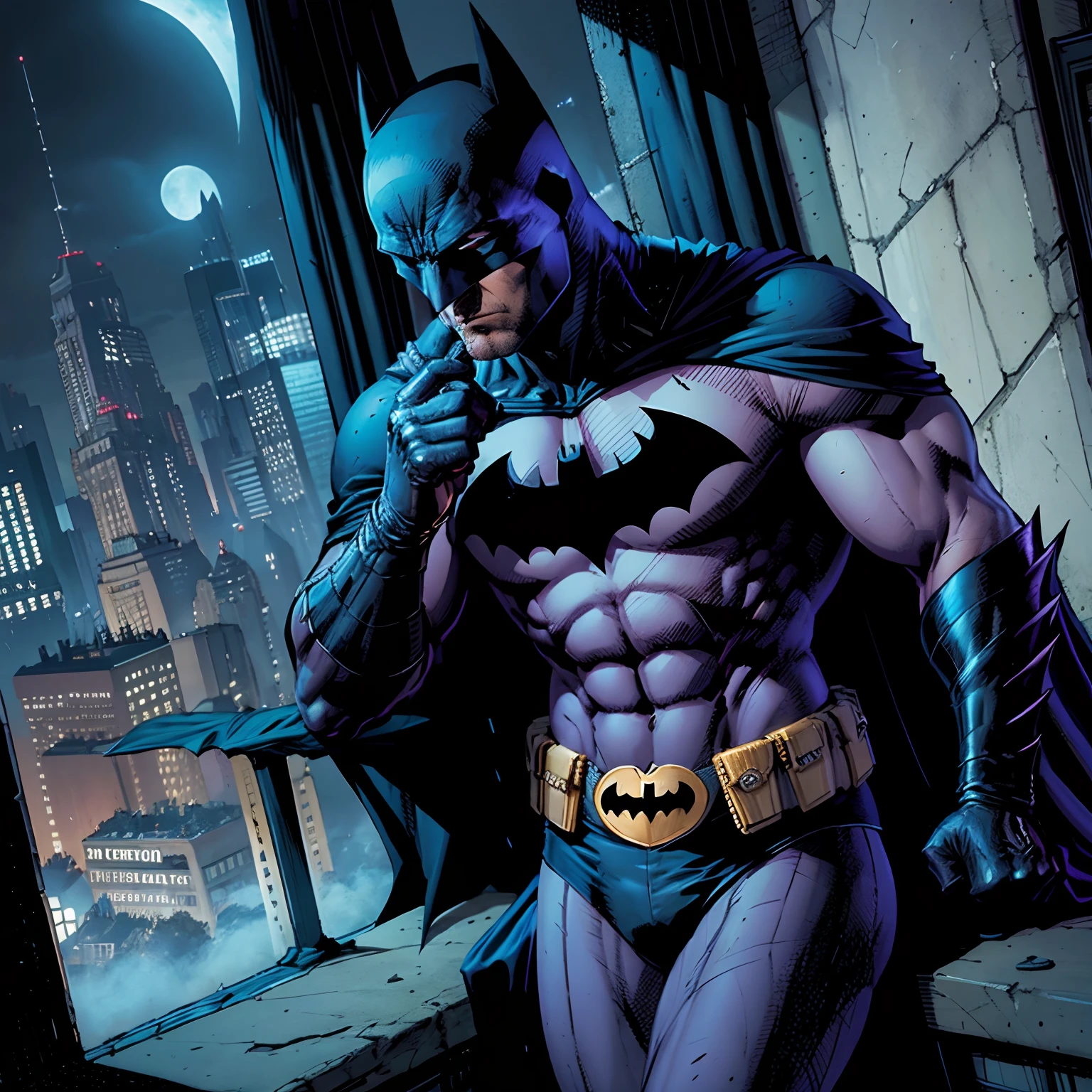 Batman, In your moment of loneliness, recorda sua amada falecida, enquanto canta tristemente uma melodia no alto da Torre Wayne. The pain in his heart contrasts with his firm posture as a night watchman. Mesmo nas trevas, seu amor permanece eterno.