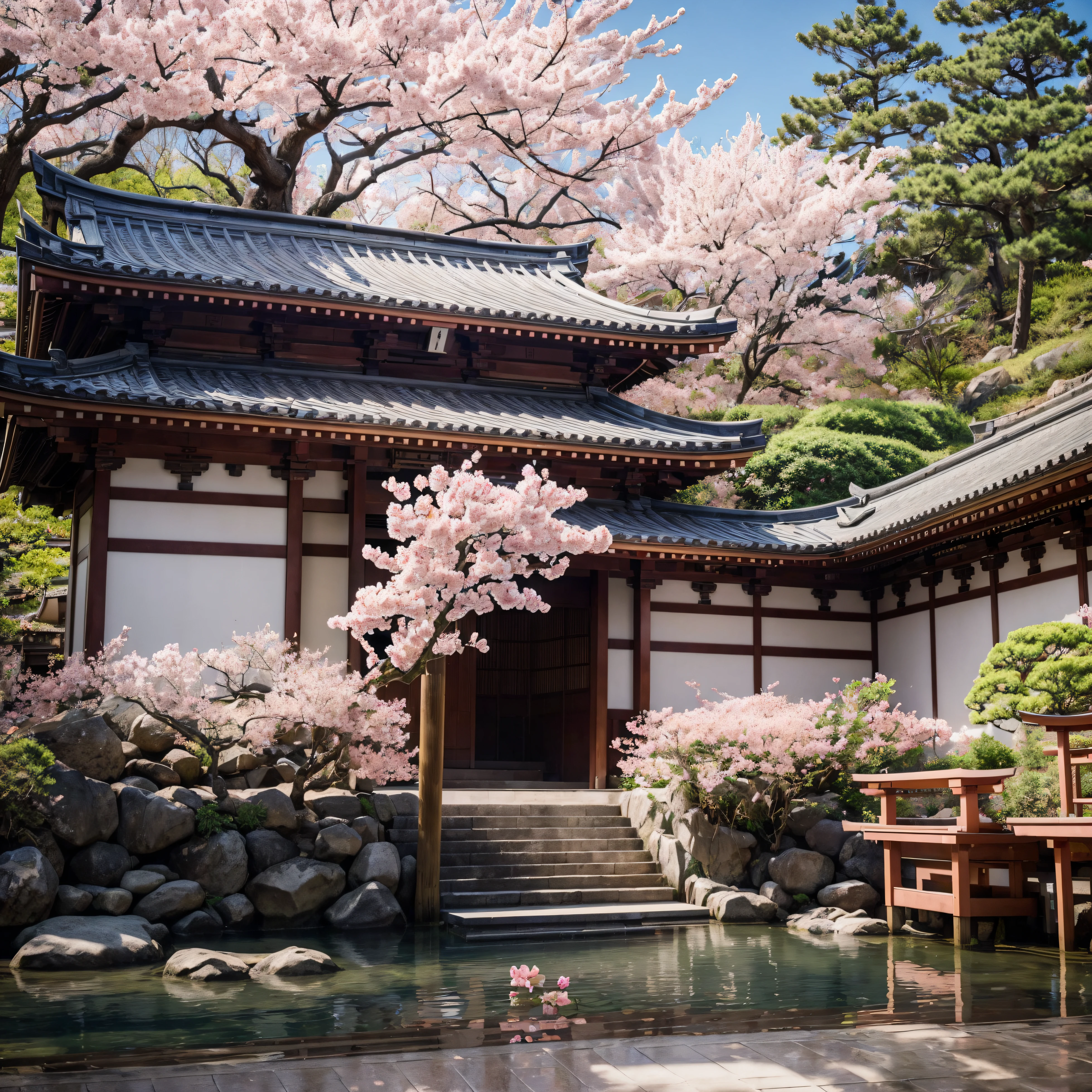 masterpiece, , a photography of a building with a bunch of pink flowers in front of it, by Torii Kiyomasu, flickr, sōsaku hanga, an altar of a temple, kodak portra 4 0 0, sakura tree in background, high-end onsen, intricate details, cinematic light, 8k, ultra hd