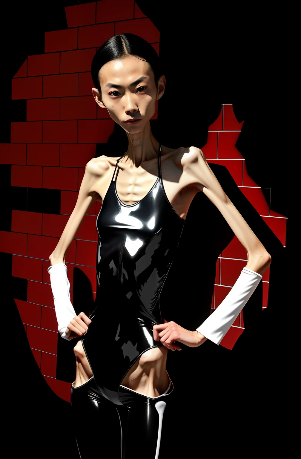 Extremely thin man, A thin body，Protruding sternum，The waist is slender，The ribs are noticeable，Protruding ribs，The pelvis is very pronouncedly protruding，The pelvis is markedly elevated，18-year-old male，White skin of the，Delicate skin，Thin shoulders，Very slim waist，Extremely skinny，Sunken abdomen，Skin and bones，short detailed hair，Haggard face，Wear a tight-fitting one-piece latex suit，Asian face，The body is as thin as a skeleton，sunken cheeks，angry look，Incompetent men，Muscle atrophy
