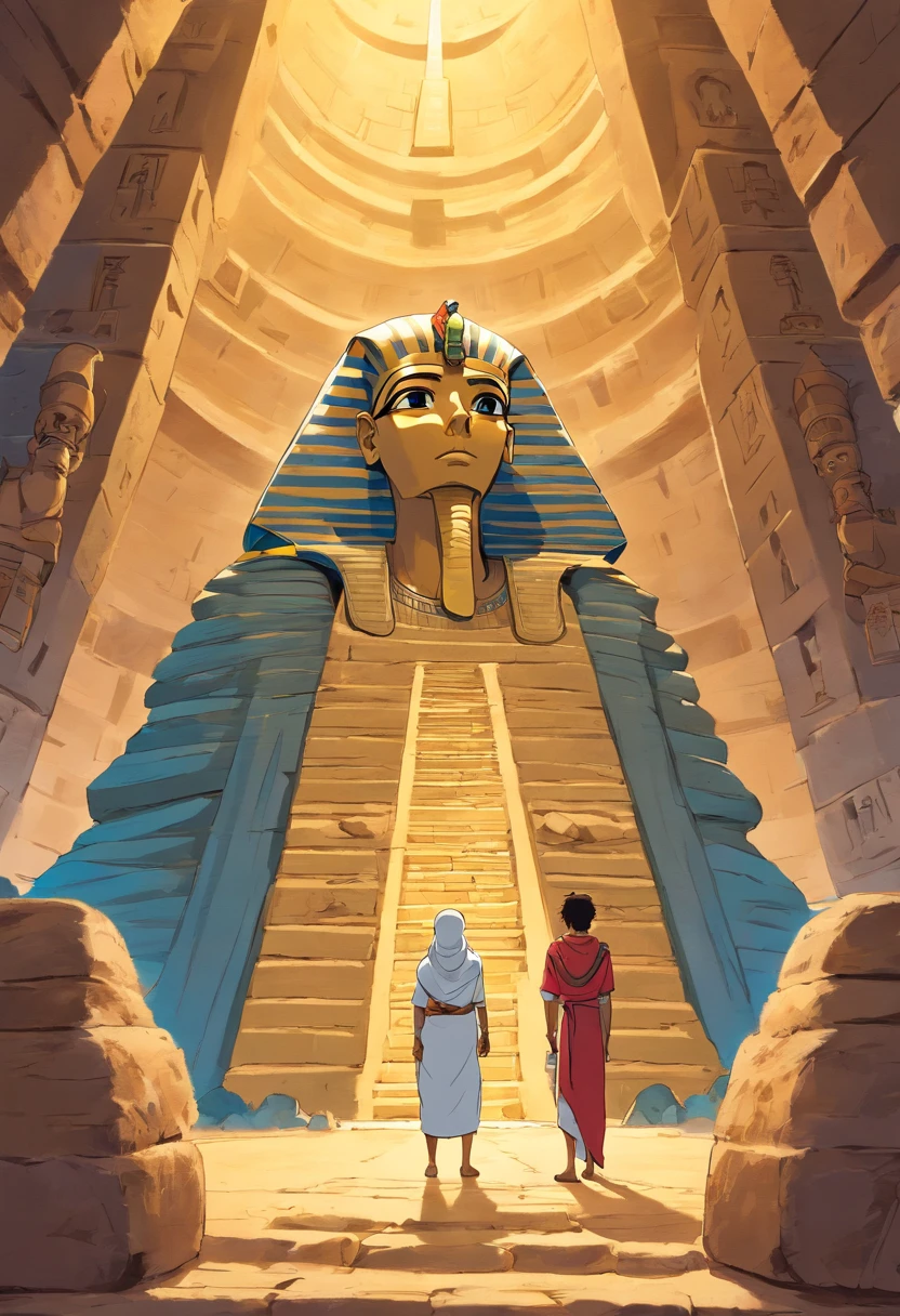 Two Egyptian mummies inside a pyramid, Two men who look scared