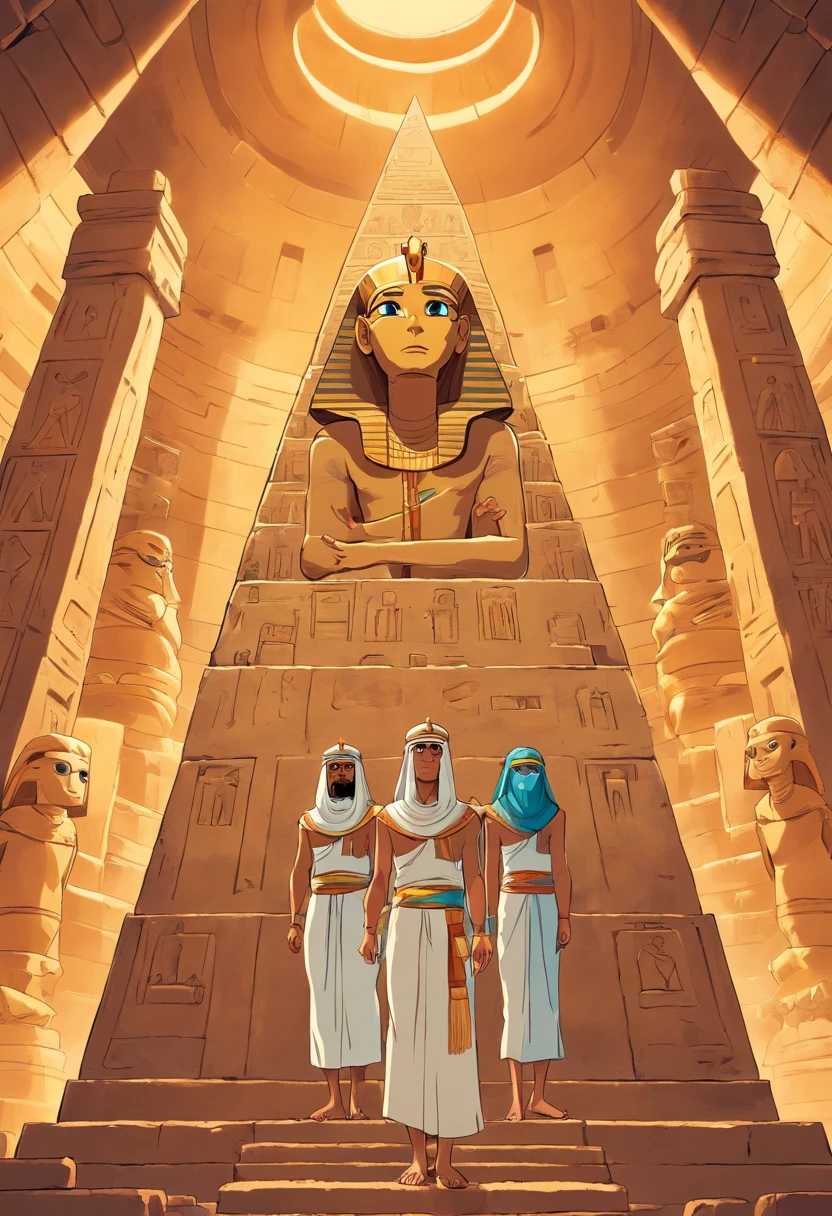 Two Egyptian mummies inside a pyramid, Two men who look scared