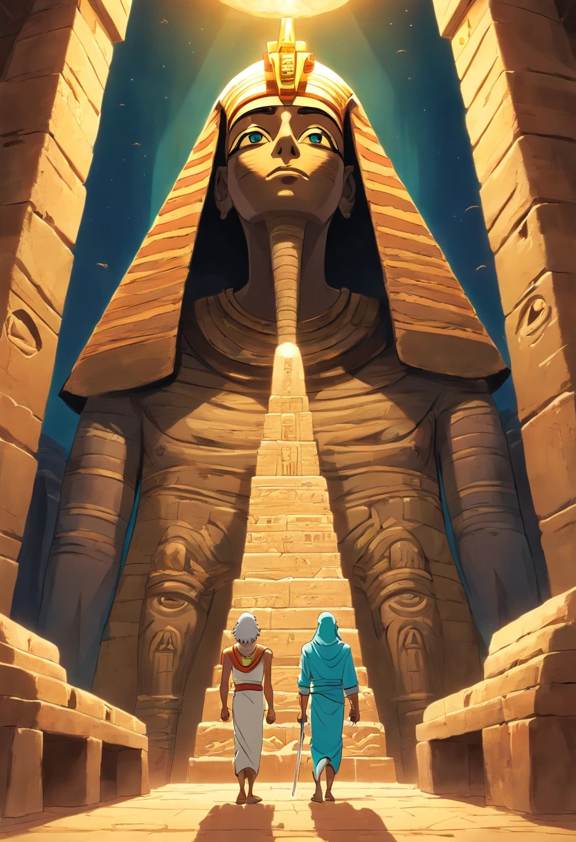 Two Egyptian mummies inside a pyramid, Two men who look scared