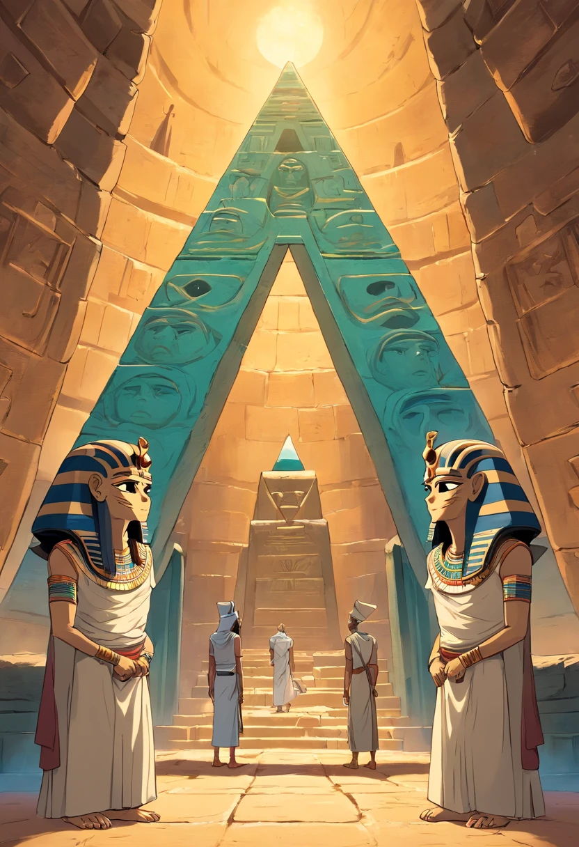 Two Egyptian mummies inside a pyramid, Two men who look scared