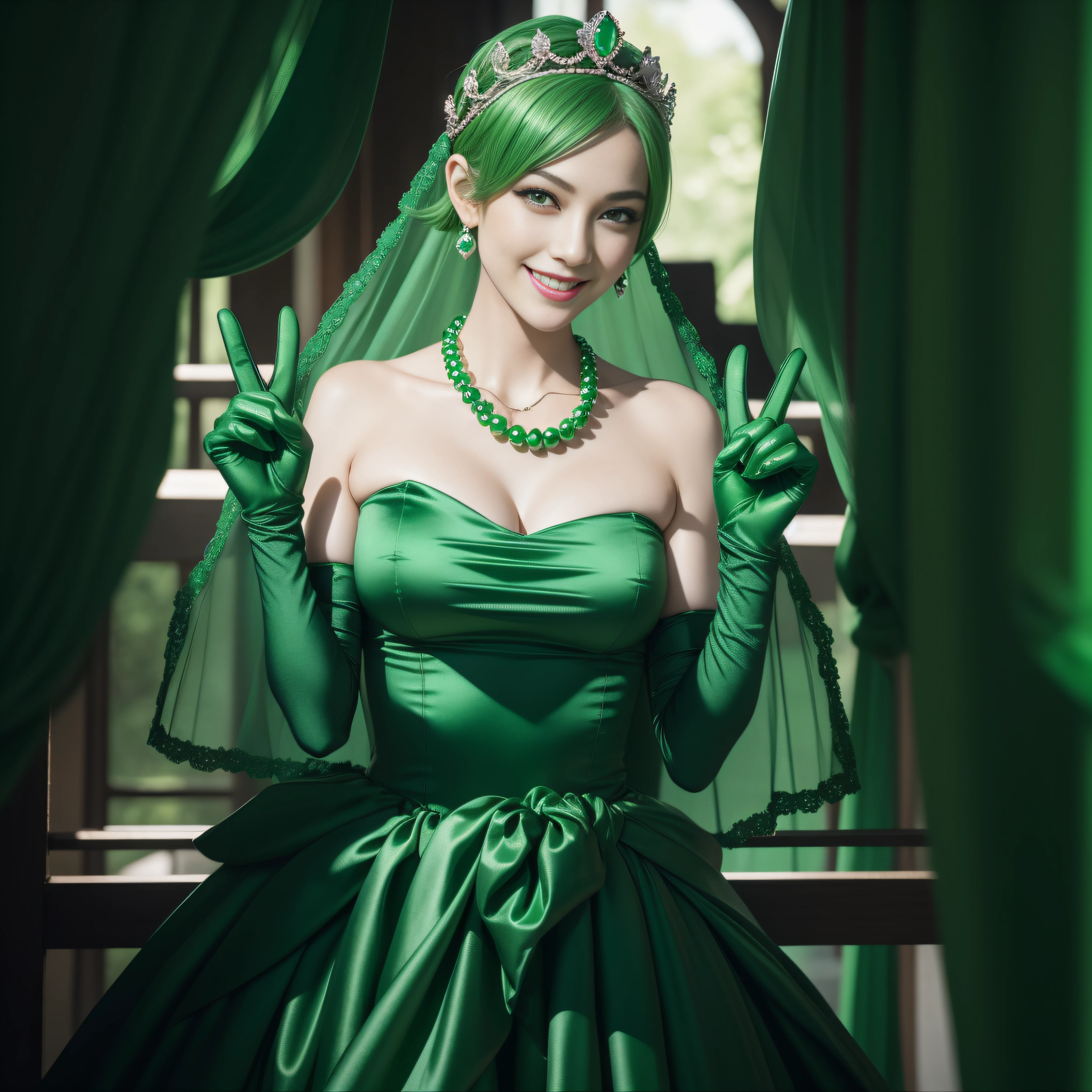emerald tiara, Green Pearl Necklace, Boyish very short green hair, lipsticks, Japan woman smiling, very short short hair, big breasts beautiful, Green eyes, Long green gloves made of satin material, Green eyes, Emerald Earrings, green vale, v sign