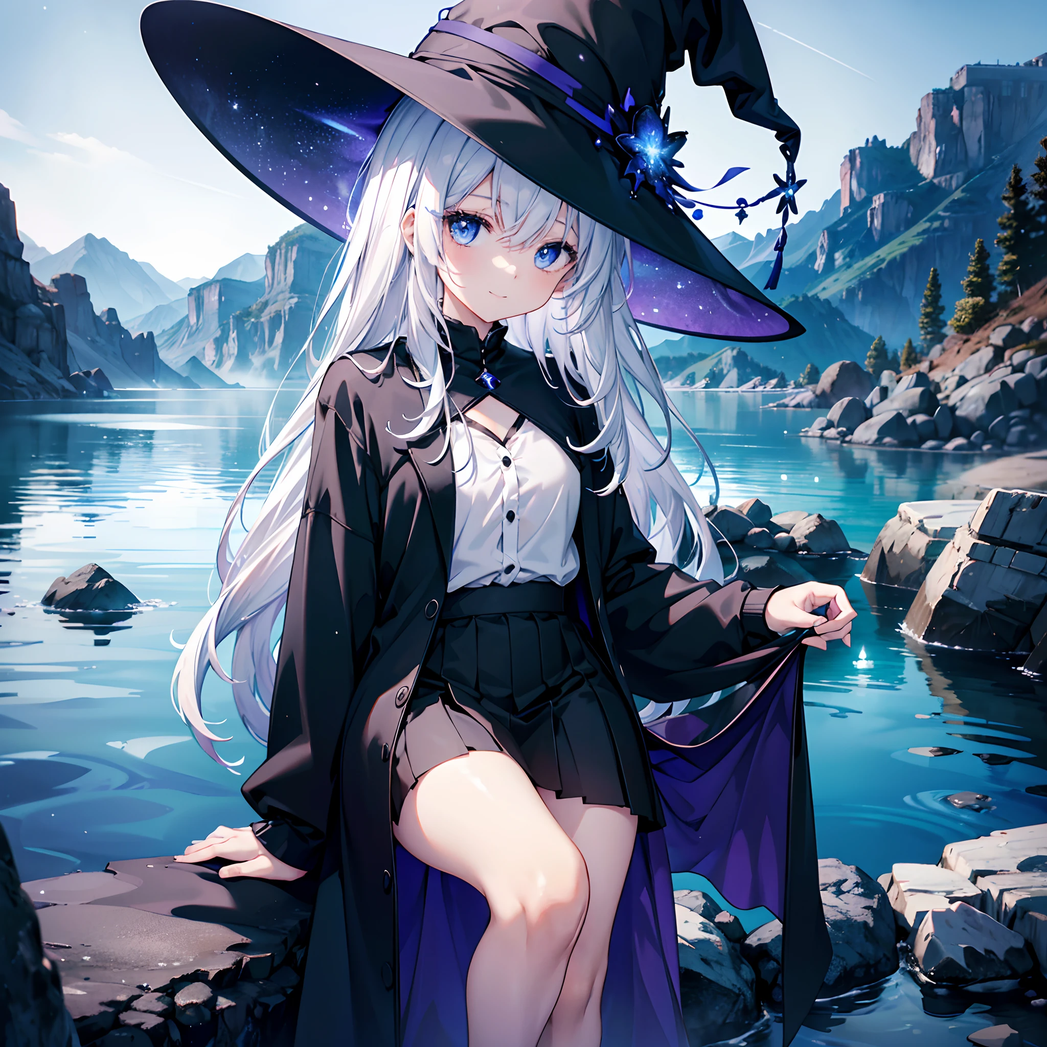 This is a hot spring made of rocks with a nice view in the mountains、deep in the night、Small moon and starry sky、You can see the beautiful sea behind you、Moonlight reflecting off the sea、One 27-year-old woman with small breasts bathing in a hot spring、She wears a large black witch hat with sapphire accessories、White hair with a bluish-purple mesh、Blue eyes with highlights、Black long coat、White camisole、White T-shirt without buttons、a black skirt、Black sneakers with white shoelaces、small tits、discreet breasts、A fragile smile、hiquality、High Details、high-level image quality、4K picture quality、beatiful backgrounds