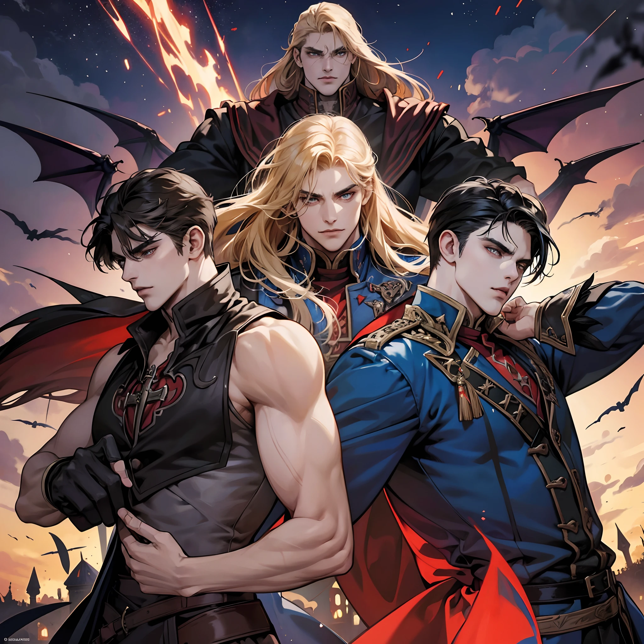 Castlevania Shadow Lord beau musclé Lord Dracula menant des troupes armées de démons à la guerre hyper réaliste super détaillé Pose dynamique super détaillé visages hyper réaliste super détaillé Marvel comics style