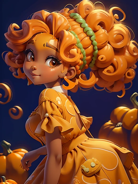 menina afro Lodo, (Lodo),  Slime hair Penteado duplo buns estilo de cabelo, Orange Pumpkin, Vestido branco da princesa com cinto da arma, master part, best quality