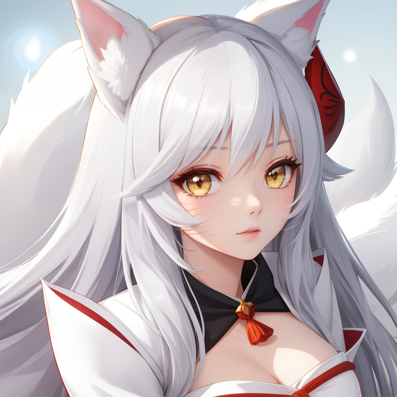 anime girl with white hair and black dress with white cat ears, white - haired fox, portrait of ahri (League of legends), onmyoji portrait, ahri (League of Legends), fox nobushi, white fox anime, beautiful anime catgirl, onmyoji detailed art, white haired deity, ayaka genshin impact, onmyoji, a beautiful fox lady, white fox girl, white hair