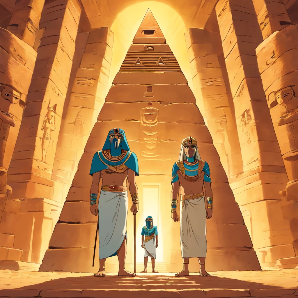 Two Egyptian mummies inside a pyramid, Two men who look scared