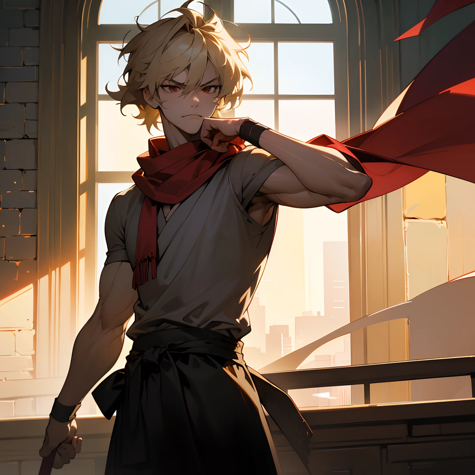 (best quality,4k,8k,highres,masterpiece:1.2),ultra-detailed,realistic,blonde messy hair,red eyes,Hirihiko Araki,Wearing a grey shirt and red scarf,Martial arts wrist Wraps,young male,Muscular Lean Build, standing in front of a castle,intense gaze,sharp facial features,slightly tilted head,confident posture,vibrant colors,anime style,window with sunlight streaming in,bricks on the wall,cityscape outside the window,subtle shadows,contrast between light and dark,textured curtains,bold artistic strokes,eye-catching background details