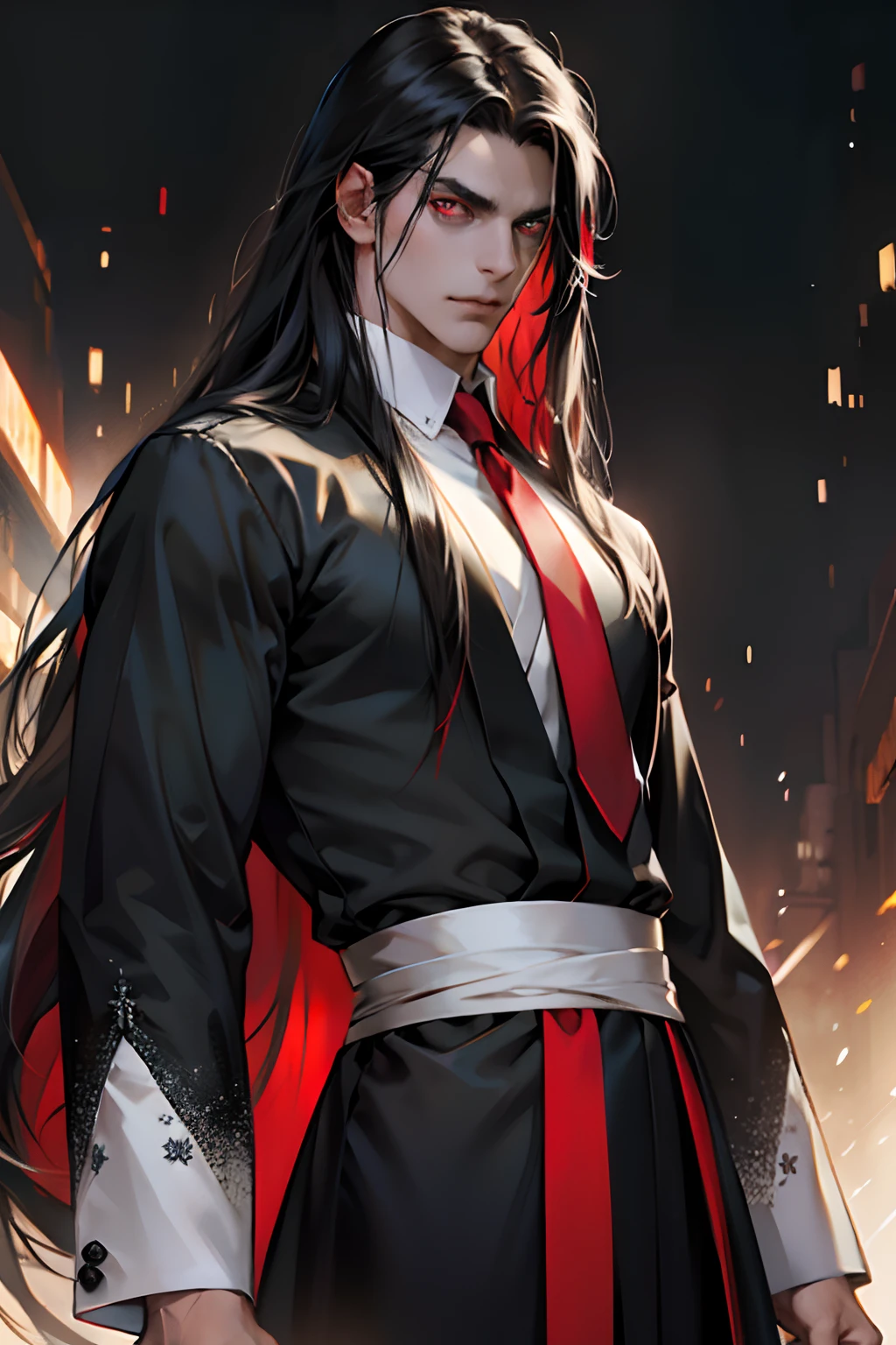 A very mature man, (((black very long hair))), (((red-eyes))), (((Black Classic Costume))), tie, A sly expression on his face, ((Perfect eyes)), ((Equal Eyes)), Extremely detailed, portraite of a, (((1 guy))), (((closed clothing))), (((詳細な目))), (((Good Quality))), absurdress, hight resolution, Ultra Detailed, HDR, Best Quality, 独奏