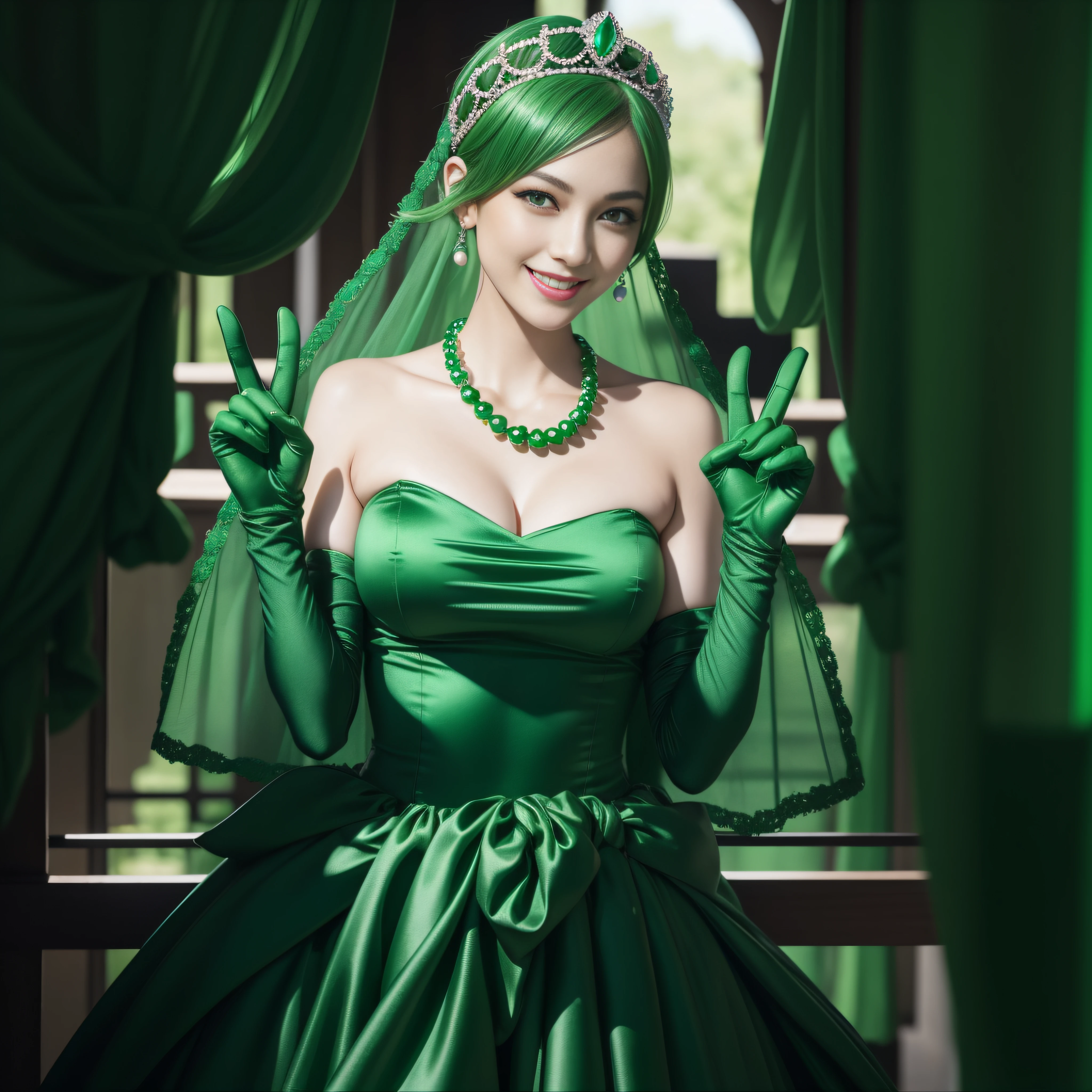 emerald tiara, green pearl necklace, boyish very short green hair, lipstick, smiling Japanese woman, very short hair, big breasts beautiful, green eyes, Long Green Satin Gloves, green eyes, V sign, emerald earrings, green veil