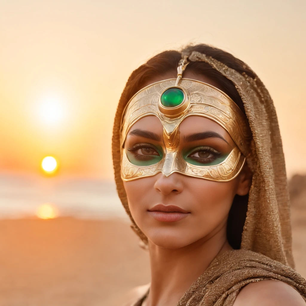 best quality, portrait of a woman i futuristic mask inspired by an ancient egypt mask, details, gold, silver, stones, scarab beetle, green eyes, behind her there is beach, sunset with a red glowing sun