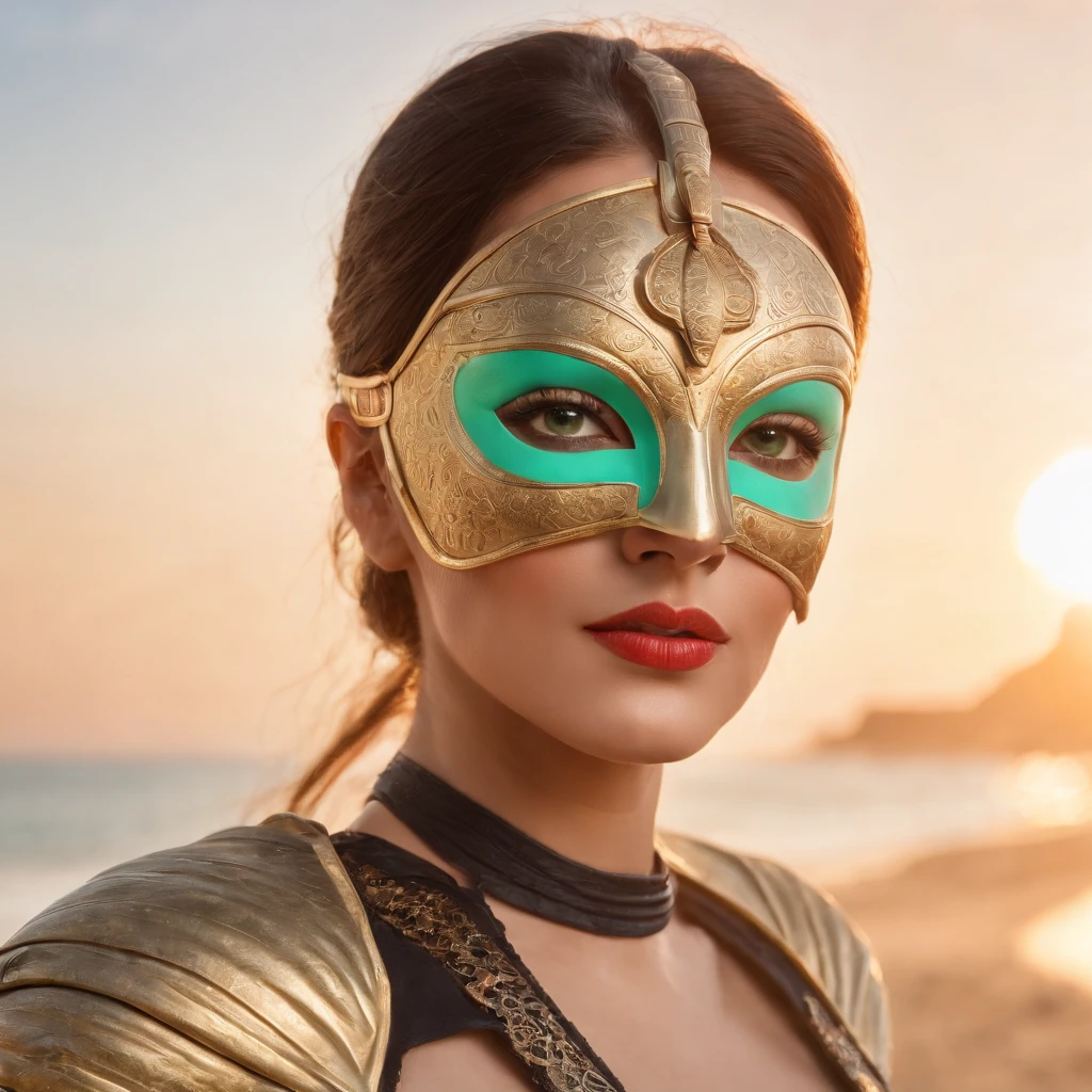 best quality, portrait of a woman i futuristic mask inspired by an ancient egypt mask, details, gold, silver, stones, scarab beetle, green eyes, behind her there is beach, sunset with a red glowing sun