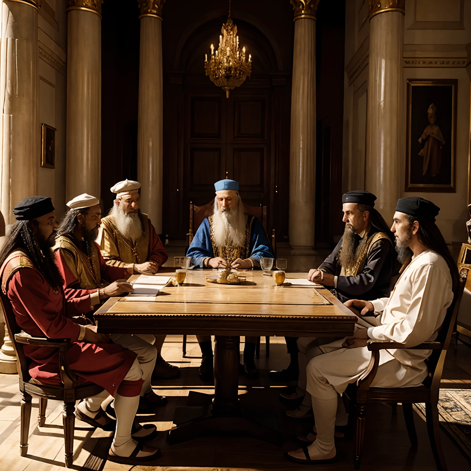 King Solomon and his council of elder and advisors discussing in the palace