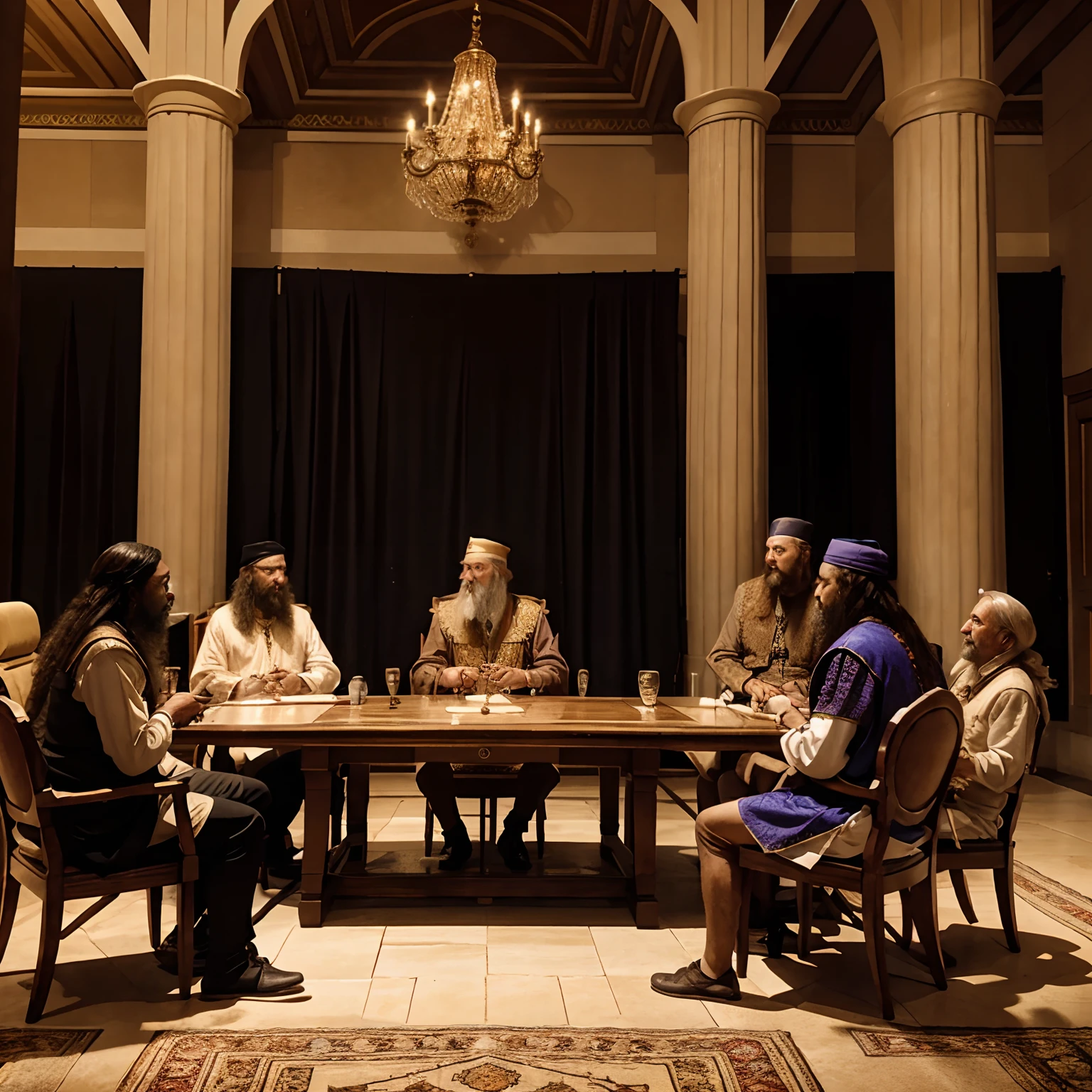 King Solomon and his council of elder and advisors discussing in the palace