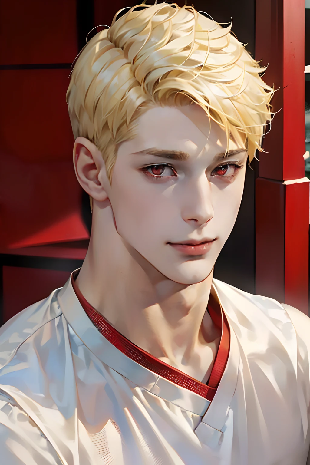 Young guy, (((blond short hair))), (((red-eyes))), Cheerful expression on his face, ((Perfect eyes)), ((Equal Eyes)), Extremely detailed, portraite of a, (((1 guy))), (((詳細な目))), (独奏), (((athletic physique)))