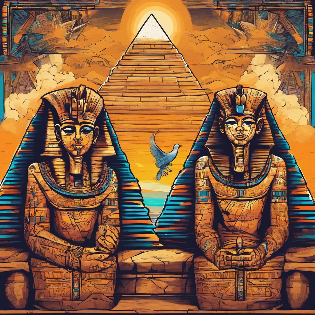 Two Egyptian mummies inside a pyramid, Two men who look scared