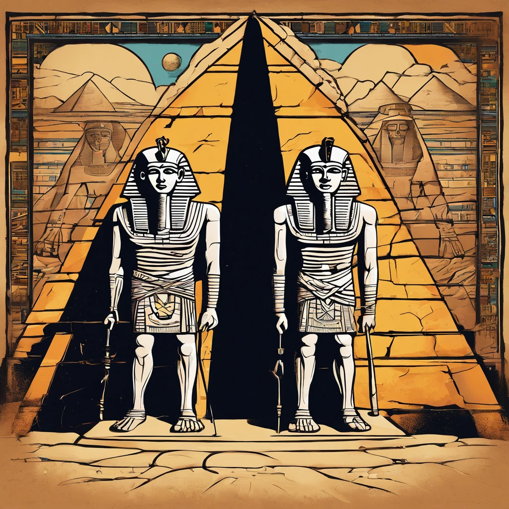 Two Egyptian mummies inside a pyramid, Two men who look scared