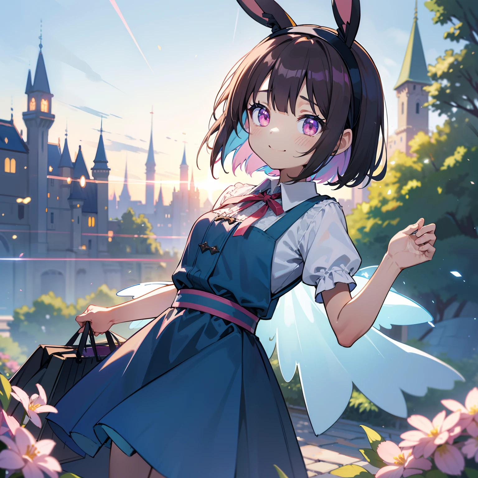 masutepiece,Best Quality,Colorful pastels in absurd high resolution, (Watercolor art: 1.3), (Selective Fairness: 1.4), BREAK, 1girl in, (17 years old girl), Very detailed, colourfull, highest details, 1 beautiful girl, Solo,(Cute:1.5),(Chibi:0.8), (kawaii:1.5),(Lori:0.5),(girl, Cute, Cheerful, Loli face, slightly bulging chest),(A dark-haired,Disheveled short bob,tareme,Pink eyes:1.2),(sano,A smile,Bad face:1.2), (White rabbit ear headband:1.2),Shiny skin,Clear skin, Beautiful skin,(best quality face),(Top quality glowing eyes), BREAK ,(Vivid colors:1.3), ((Dark Brown Color Alice Band Ribbon)), Blue dress with white apron, Romper,(early evening),Walking, (Fantasy,castle and town:1.5),(castle town,Beautiful building:1.3),(a person々way of life),(Flowers, Trees, Nature:1.3),romantic,(shopping street,street vendors:1.2),(Blue sky), Waterfall,depth of fields, BREAK,wakame,wakame,wakame,(Dynamic Angle:1.4), BREAK,(Blurry background:1.3),(absurderes, hight resolution, Super Detail Art),cel shading,Clear Color, Lonely optical effect, Beautiful pictures, Bright glow, mystic atmosphere,(Close-up of girl:1.1), Mystical light particle effect,manga influence, clean line drawings,