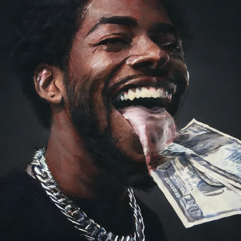 a close up of a man with a dollar bill sticking out of his mouth, album art, paid artwork, high quality portrait, insane smile, laughing, laughing man, large black smile, tongue out, flaunting his wealth, big teeth, artist unknown, wide grin, huge smile, big smile, promo art, cash, lowres, laughingstock; paint man in watercolors I and oils