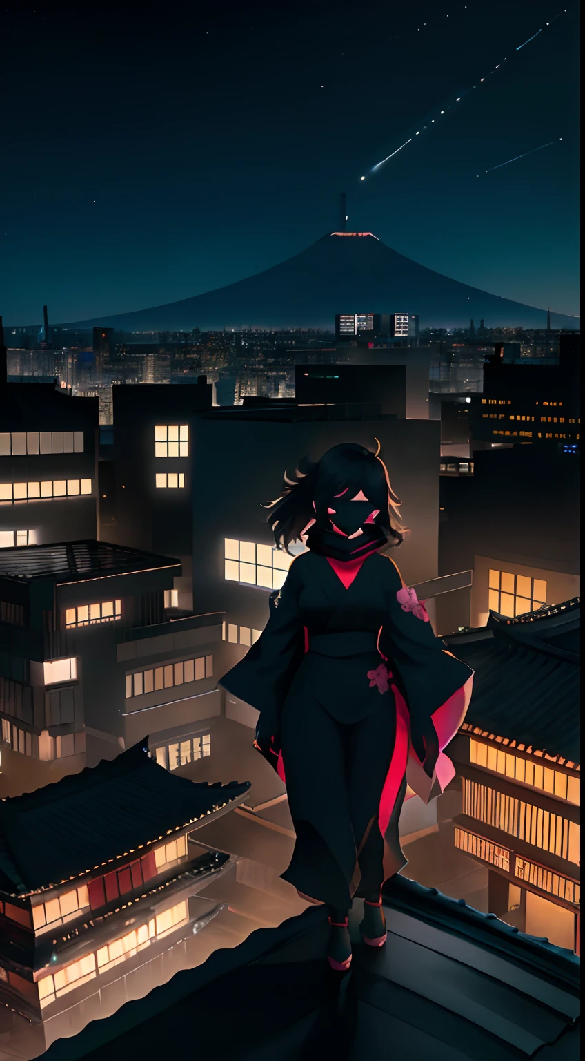 On the roof of a high-rise building,A night city with skyscrapers in the distance,Night view in the background,Sky with moon and stars,fluffy hair,stealth,Kunoichi,Japanese dress,Wearing a mask,Posing on the roof of a building with a night view in the background