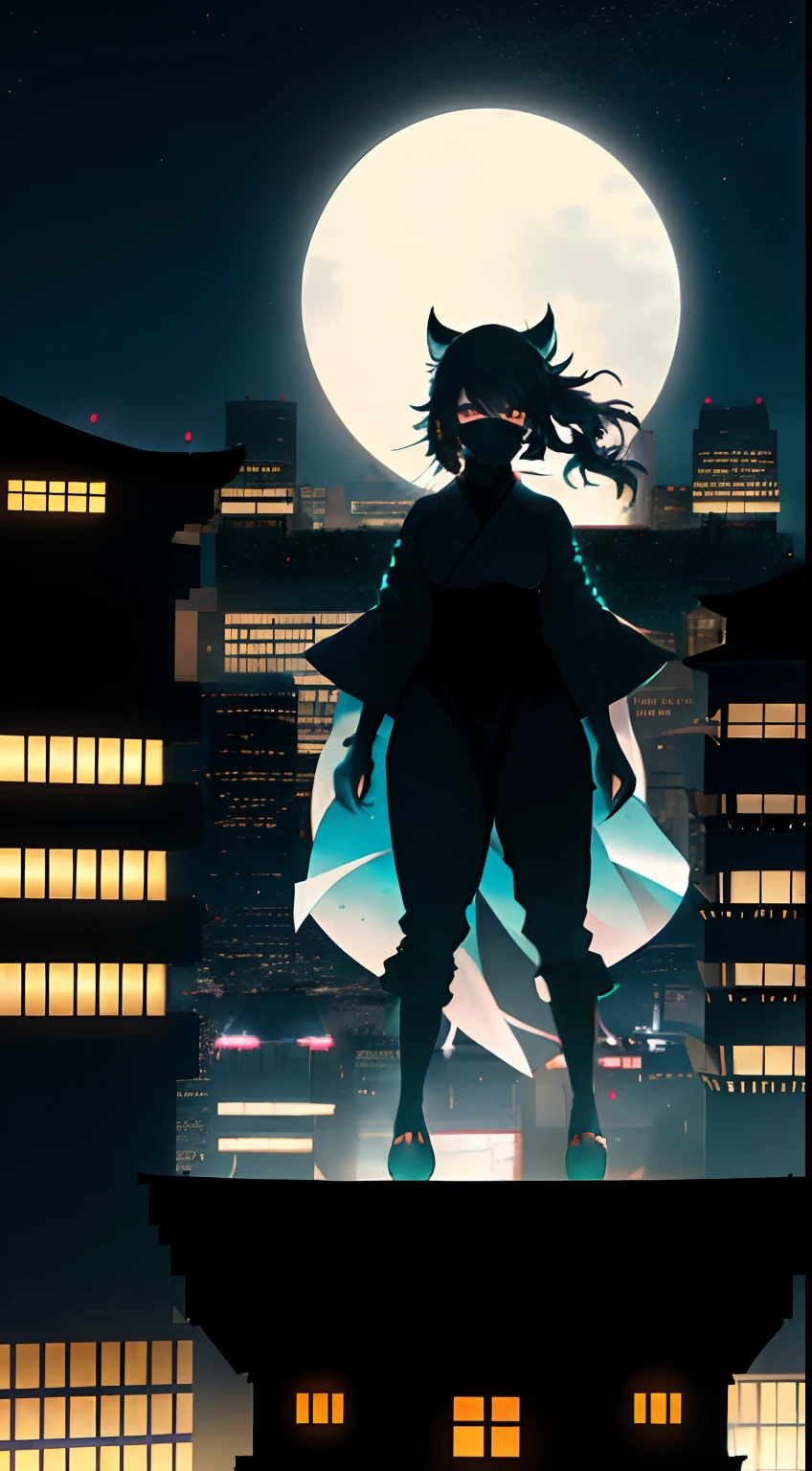 On the roof of a high-rise building,A night city with skyscrapers in the distance,Night view in the background,Sky with moon and stars,fluffy hair,stealth,Kunoichi,Japanese dress,Wearing a mask,Posing on the roof of a building with a night view in the background