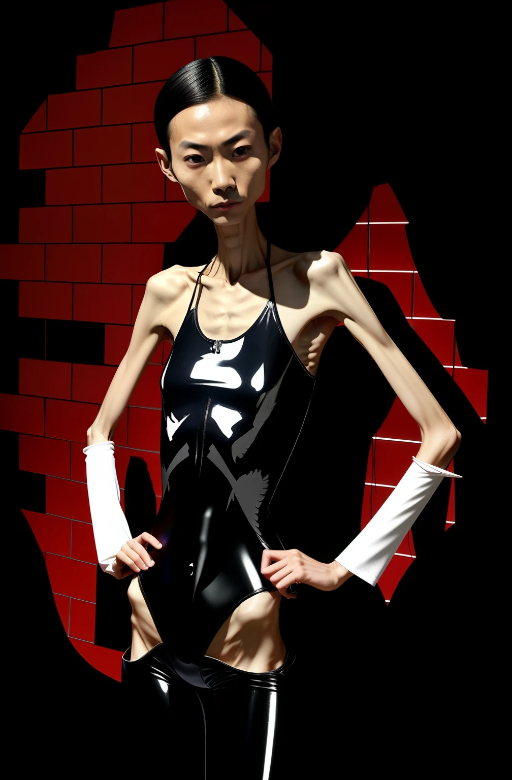 Extremely thin man, A thin body,Protruding sternum,The waist is slender,The ribs are noticeable,Protruding ribs,The pelvis is very pronouncedly protruding,The pelvis is markedly elevated,18-year-old male,White skin of the,Delicate skin,Thin shoulders,Very slim waist,Extremely skinny,Sunken abdomen,Skin and bones,short detailed hair,Haggard face,Wear a tight-fitting one-piece latex suit,Asian face,The body is as thin as a skeleton,sunken cheeks,angry look,Incompetent men,Muscle atrophy