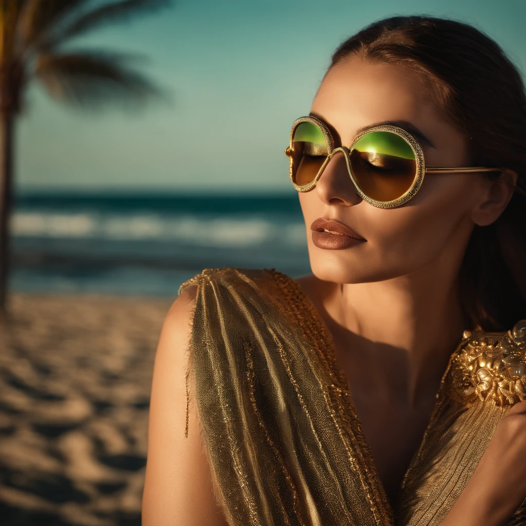 best quality, portrait of a woman with green eyes i futuristic mask inspired by an ancient egypt mask, details, gold, silver, stones, snake, scarab beetle, green eyes, behind her there is a beach with some palmtrees, sunset with a red glowing sun