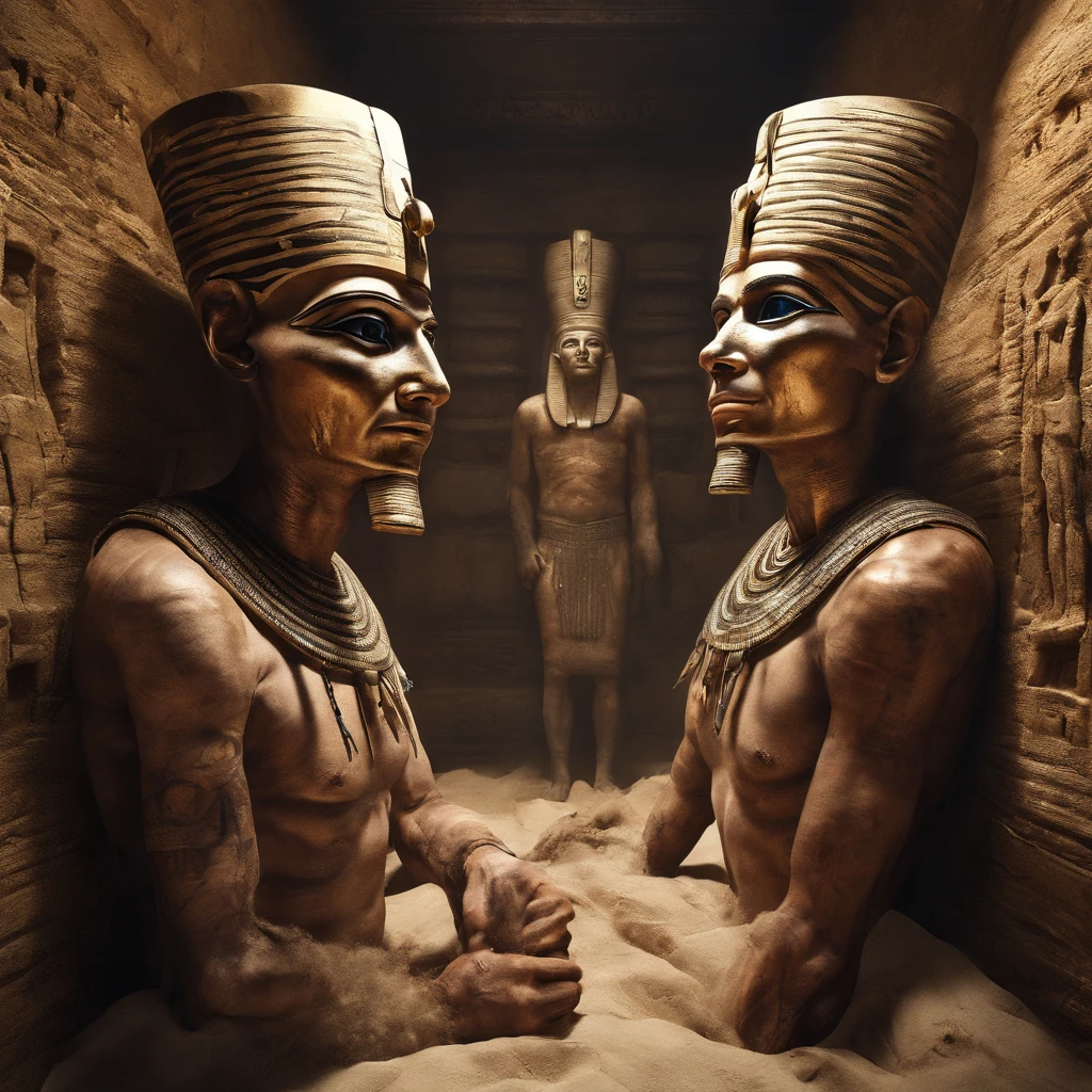 Two Egyptian mummies inside a pyramid, Two men who look scared