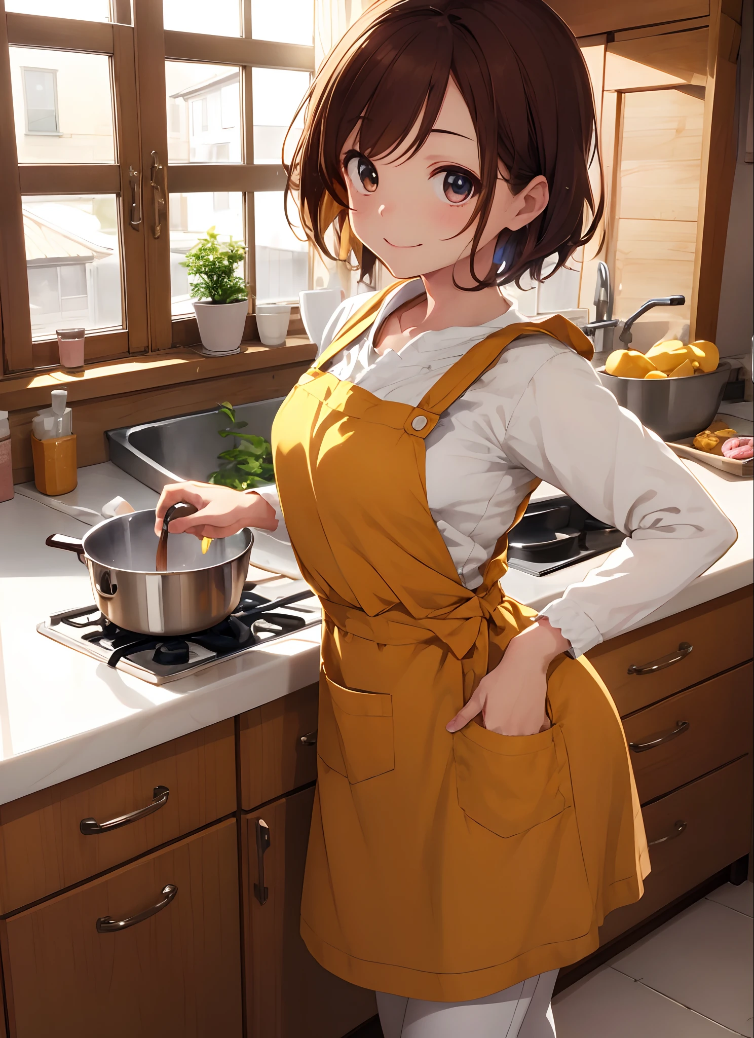 8K, highest quality, masterpiece, super detailed、middle short hair、bright、fine、brown hair、pale blue eyeedium breasts、cover your butt with your hands、lipstick、、whole body、Cooking、full nude、wearing a yellow apron、wearing socks and slippers、blush、Kitchen at home、Wearing a blue apron、backwards、angle from below