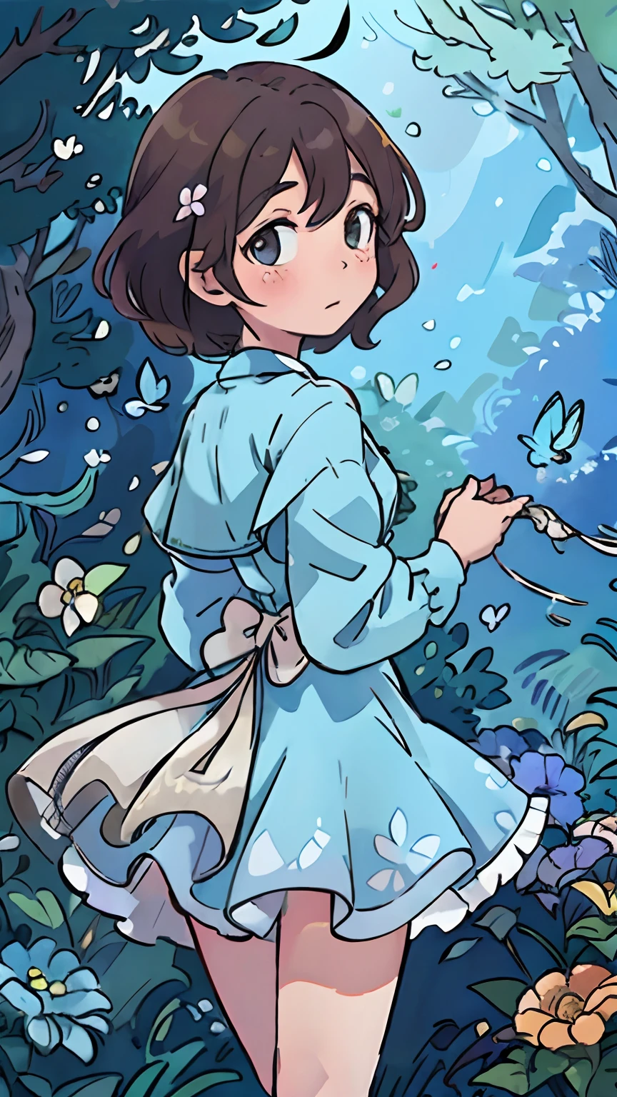 In a magical forest adorned with colorful flowers and fluttering butterflies, a young girl stands with her back turned, wearing a light blue dress and matching light blue stockings. Her short, brown hair dances in the breeze as she gazes towards the forest. The scene is reminiscent of Alice in Wonderland, with an enchanting touch. In the distance, a hot air balloon floats gracefully amidst the foliage, adding to the whimsical ambiance. The artwork captures the essence of magic, inviting viewiers to immerse themselves in a world of wonder and beauty. Hd,best quality,fullhd,hd,bright and vibrant palette,realistic details,high-resolution image,painting-like texture,photorealistic rendering,vivid colors,masterpiece:1.2.