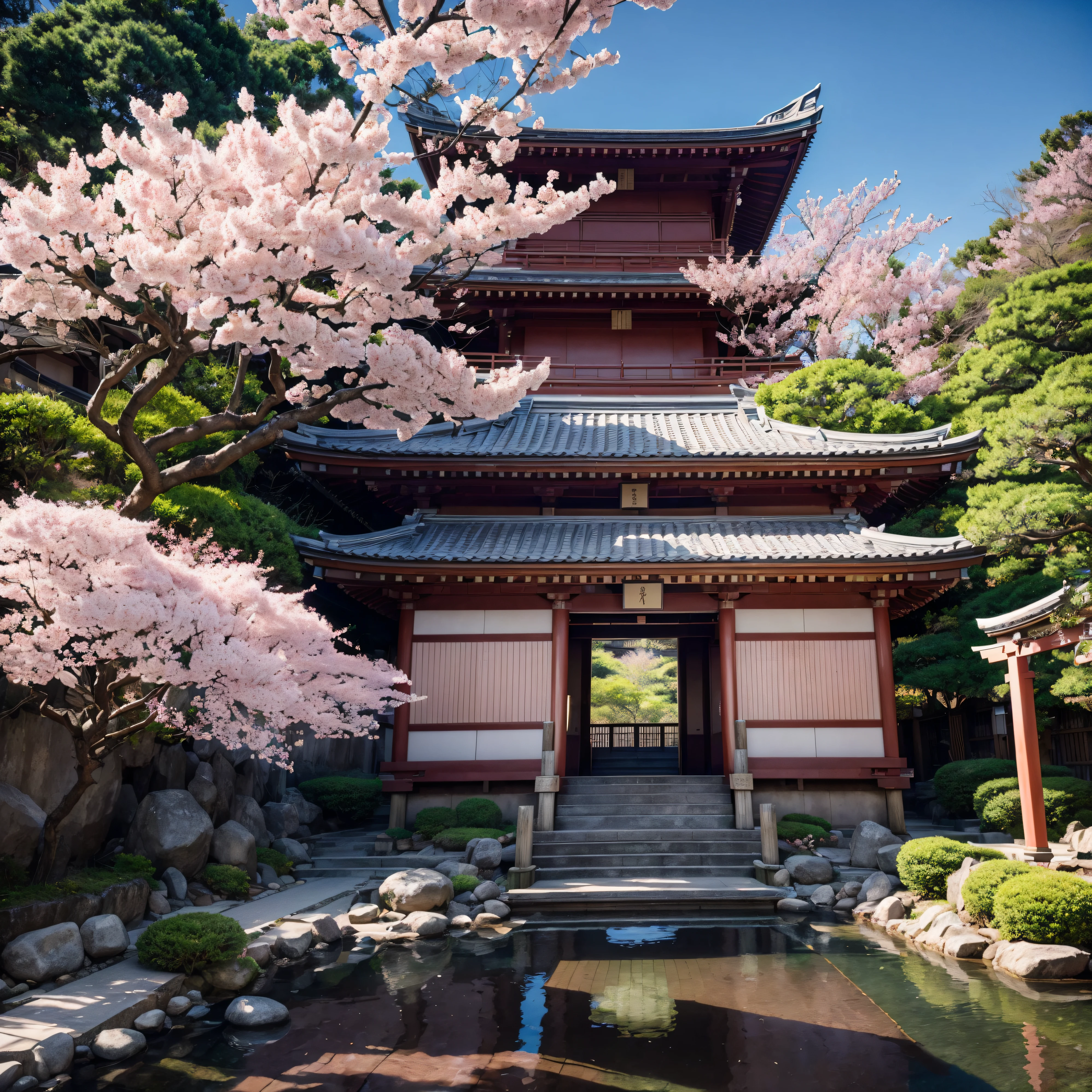 masterpiece, , a photography of a building with a bunch of pink flowers in front of it, by Torii Kiyomasu, flickr, sōsaku hanga, an altar of a temple, kodak portra 4 0 0, sakura tree in background, high-end onsen, intricate details, cinematic light, 8k, ultra hd, sharpness