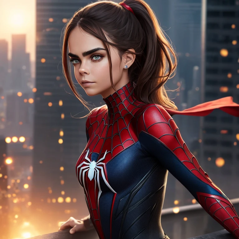 (1girl:1.3), solamente, (((Cara muy detallada)))), ((Ojos y cara muy detallados)))), Hermosos ojos de detalle, partes del cuerpo__, Arte Oficial, Fondo de pantalla unificado de 8k, Super detailed, hermoso y hermoso, Beautiful, Obra maestra, La mejor calidad, Texto original en, Obra maestra, Super fine photo, La mejor calidad, Super High Resolution, Realismo realista, luz del sol, Retrato de cuerpo entero, Amazing beauty, dynamic pose, cara delicada, Ojos vibrantes, Ella usa el traje de Spider-Man, Esquema de color rojo y negro, spider, Fondo muy detallado del techo de la ciudad, azotea, con vistas a la ciudad, Cara detallada, Antecedentes ocupados complejos detallados, Desordenado, splendid, blanco lechoso, Piel altamente detallada, Detalles realistas de la piel, poros visibles, Enfoque claro, volumetric mist, 8k UHD, DSLR, alta calidad, movie, sexy girl, Young girl, pechos llenos, Pelo rojo, , cuerpo perfecto, Manos perfectas,grande, (( Backwards ))))