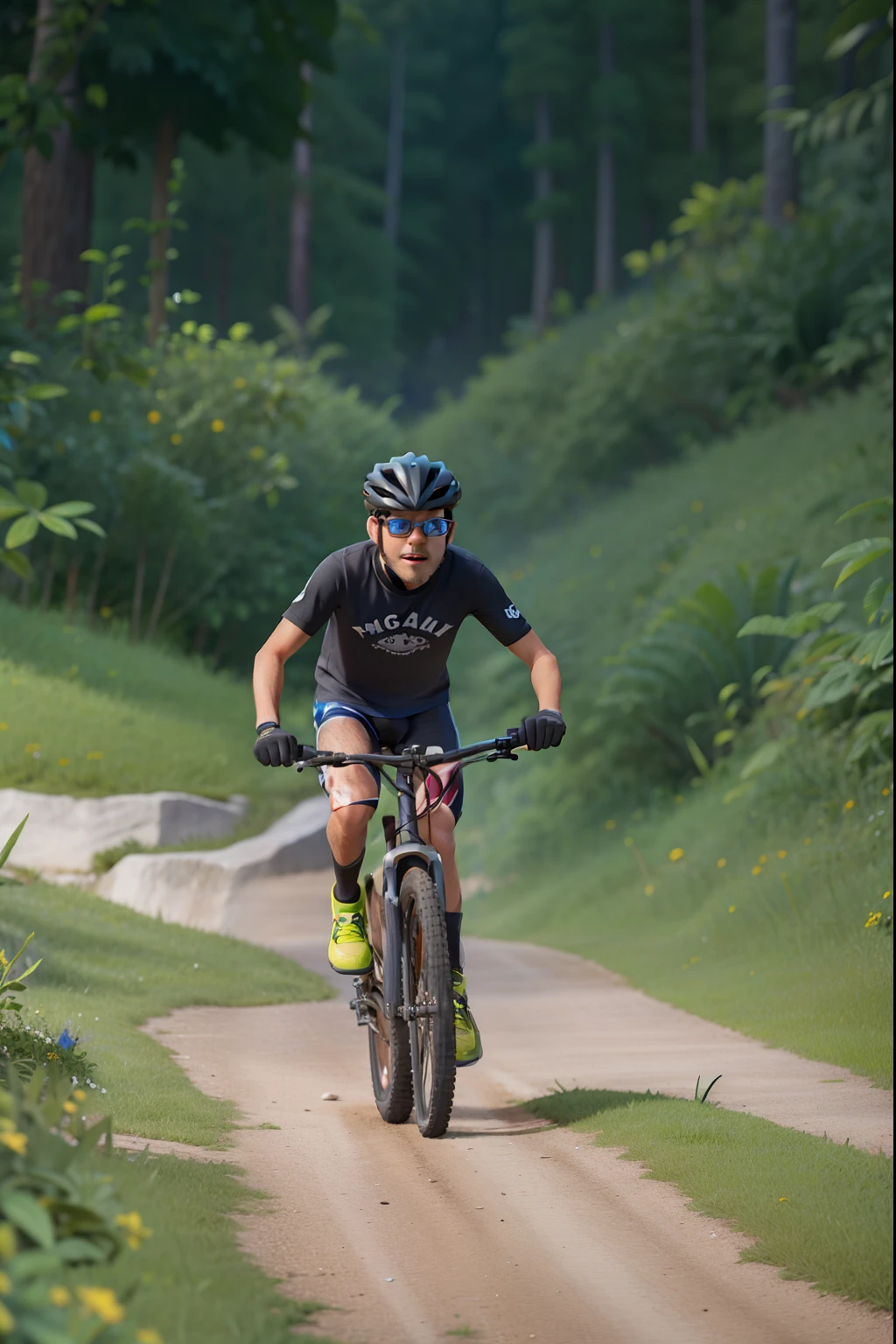 Crie uma imagem com a minha foto estilo pixar da Disney dentro em uma estrada com montanhas, The character is a man, ciclista, cabelo curto, usando uma camisa preta, capacete preto, bermuda preta, black watch, Neon yellow sneakers, black socks up to the shin, Wearing Chrome Glasses, montado encima de uma bike preta mtb da TREK escrito em vermelho