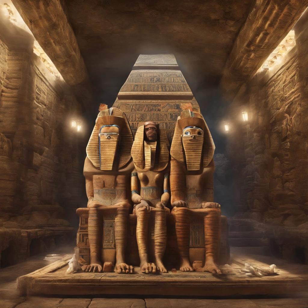 A cinematic photo of three carved golden thrones from the ancient Egyptian era of Pharaoh Tutankhamun. Each throne is adorned with exquisite gemstones and detailed hieroglyphic inscriptions. The background reveals a vast, dimly lit chamber, with walls covered in more hieroglyphs, giving an air of mystique and grandeur. The image's vibrant colors and sharp focus create a stunning visual experience., photographic, cinematic, vibrant, architecture