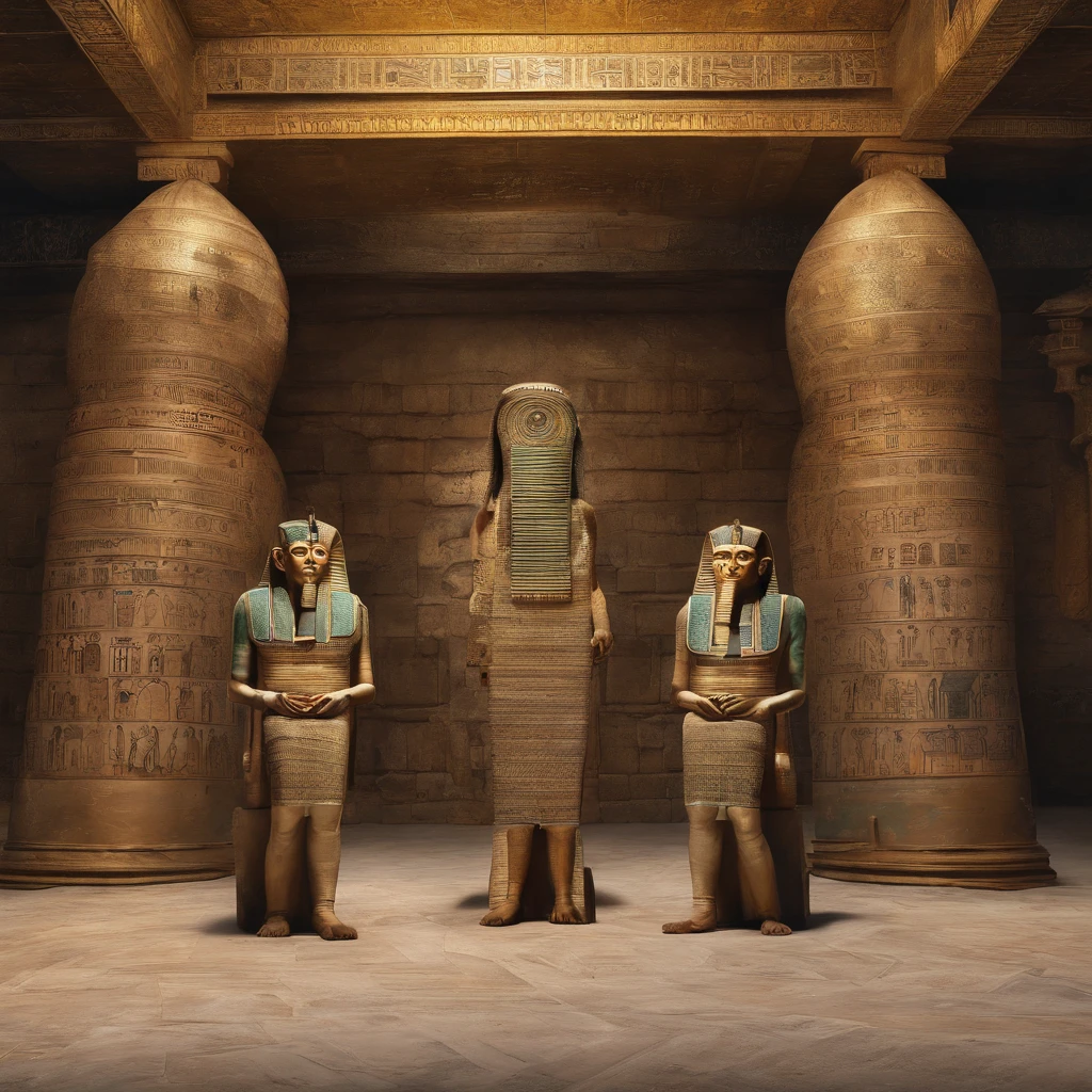 ambiance hypnotique, Two Egyptian mummies inside a pyramid, Two men who look scared, effet psychedelique,