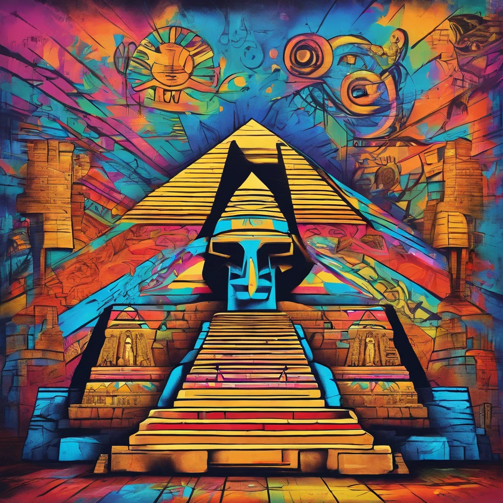 ambiance hypnotique, Two Egyptian mummies inside a pyramid, Two men who look scared, effet psychedelique,