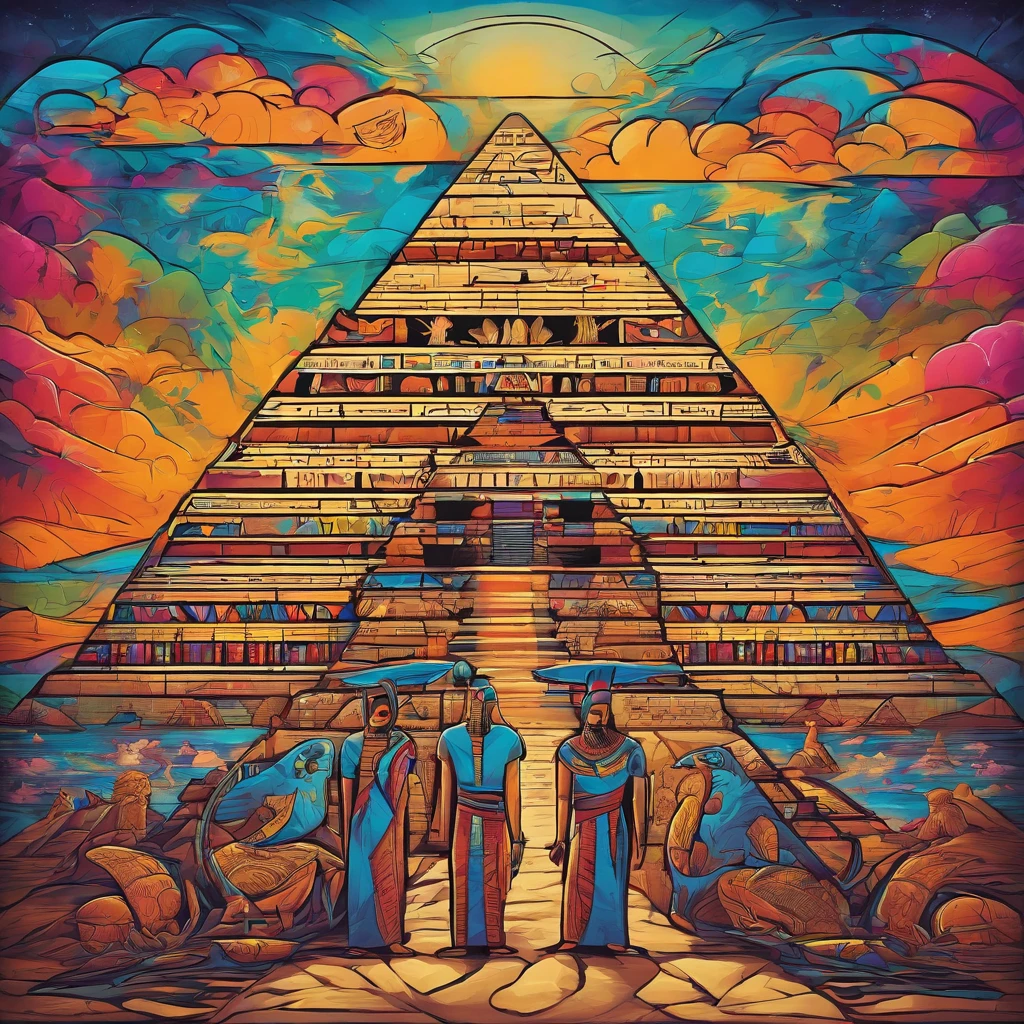 ambiance hypnotique, Two Egyptian mummies inside a pyramid, Two men who look scared, effet psychedelique,