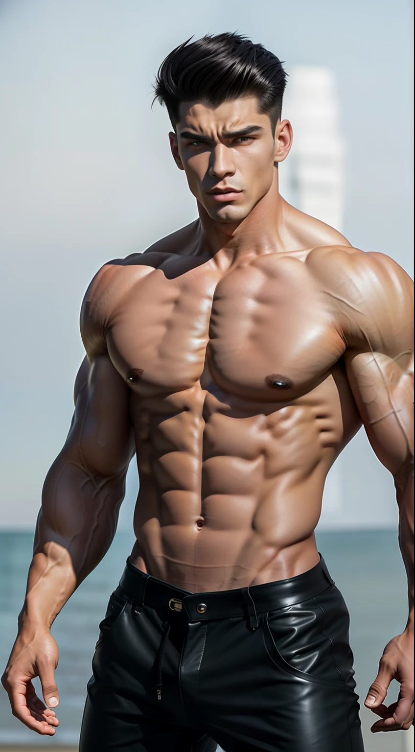 Muscular healthy man,Strong figure,Strong and powerful,Abs,chest muscle,18yr old,with fair skin,Delicate skin,angry look,Wear tight leather pants