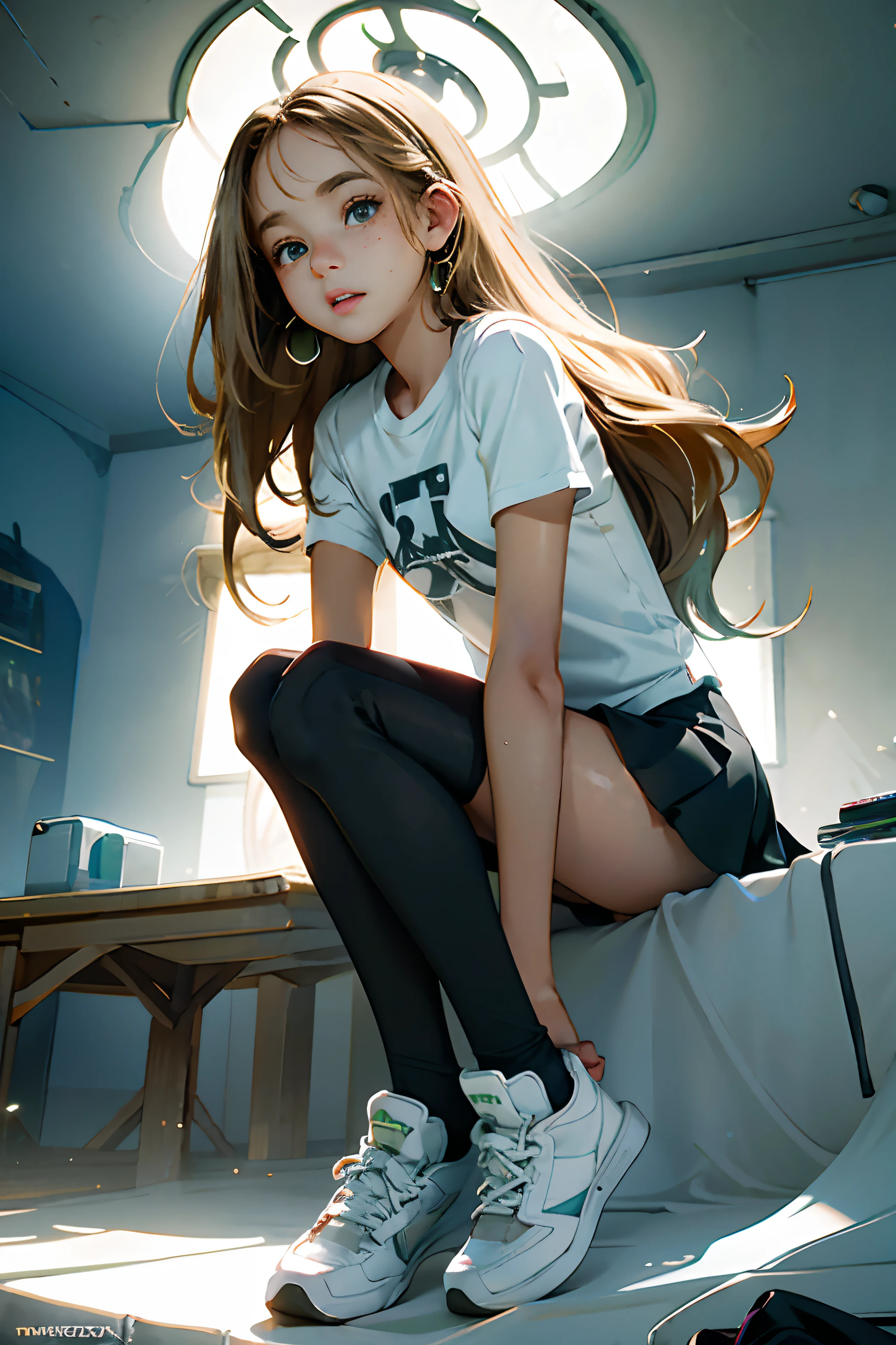 ((Pre-teen)), beautiful girl, model body, freckles on her face, light_green_eyes, small breasts, large earrings, t-shirt, skirt with black tights, cloth shoes, full body, shot from below, very white skin , very long hair, wavy hair, blonde hair, ancient ruins, photorealistic, indirect lighting, volumetric light, ray tracing, hyper-detailed, best quality, ultra-high resolution, HDR, 8k