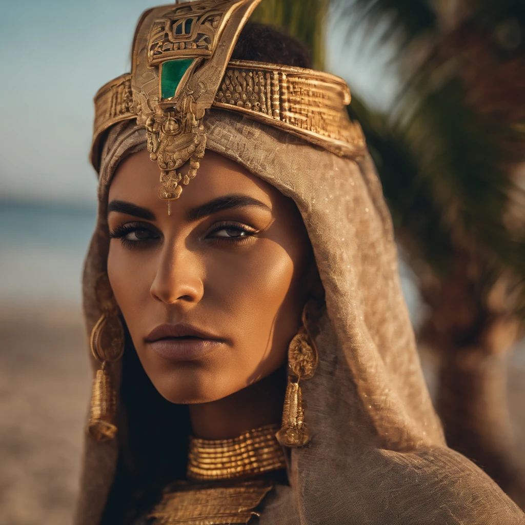 best quality, portrait of a woman with green eyes and blond hair in a futuristic mask inspired by an ancient egypt mask, details, gold, silver, stones, snake, scarab beetle, green eyes, behind her there is a beach with some palmtrees, sunset with a red glowing sun, her skirt in gold are also in the picture, she leans toward a palmtree