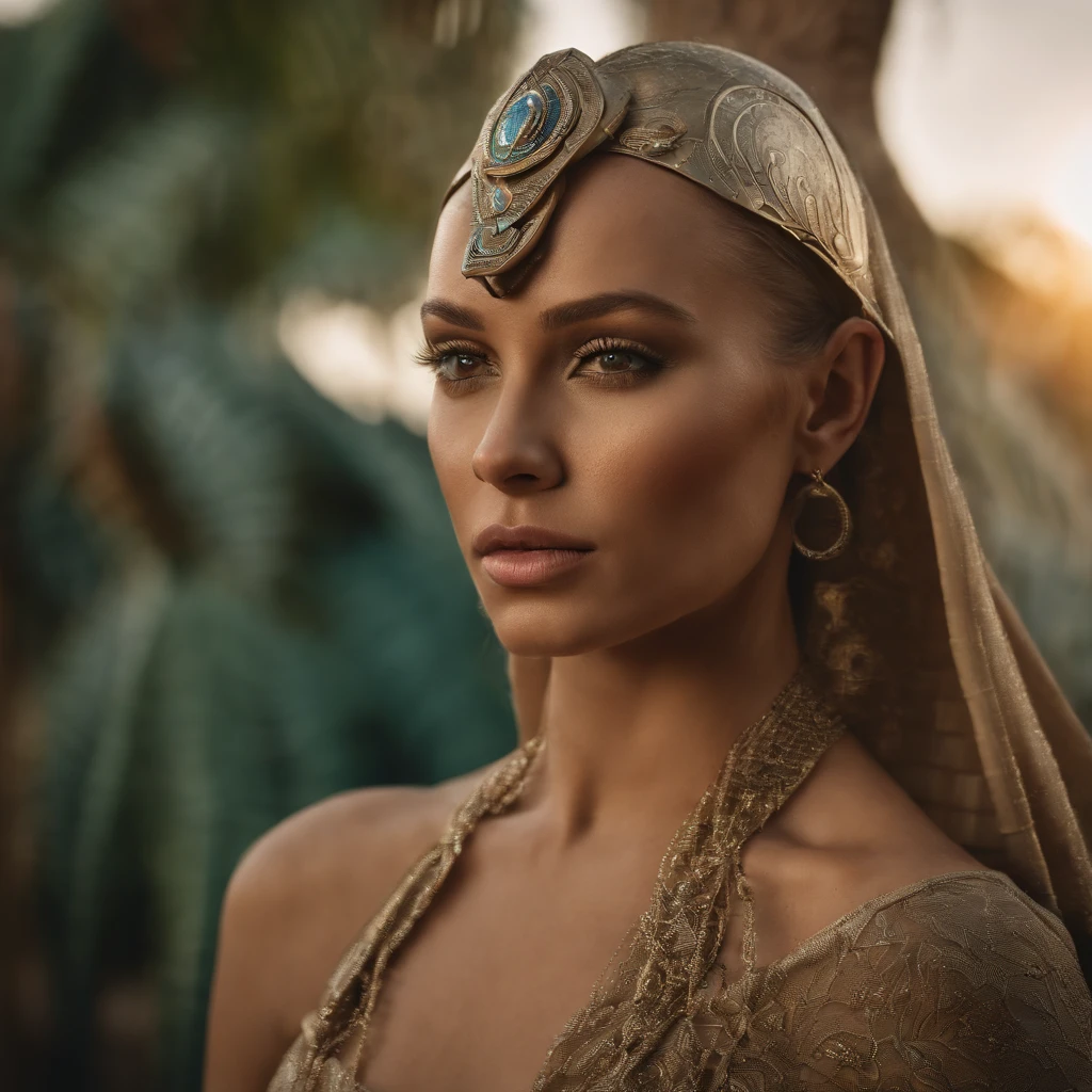 best quality, portrait of a woman with green eyes and blond hair in a futuristic mask inspired by an ancient egypt mask, details, gold, silver, stones, snake, scarab beetle, green eyes, behind her there is a beach with some palmtrees, sunset with a red glowing sun, her skirt in gold are also in the picture, she leans toward a palmtree