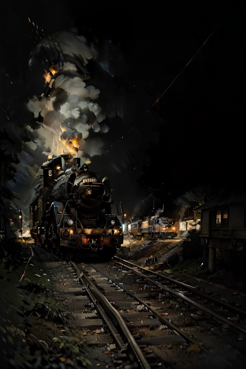 A masterful composition, gritty and realistic photo, a colossal and scary old mechanized sentient locomotive robot running on a train track with legs, illuminating the night with flames and lights, in a foggy valley, leaving a trail of smoldering coals, HDR, extremely detailed, detailed background, high contrast, bold shifts of light and dark, cinematic, complex and multidimensional lighting, eerie,