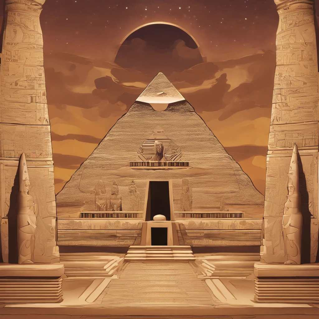 ambiance hypnotique, Two Egyptian mummies inside a pyramid, Two men who look scared, effet psychedelique,
