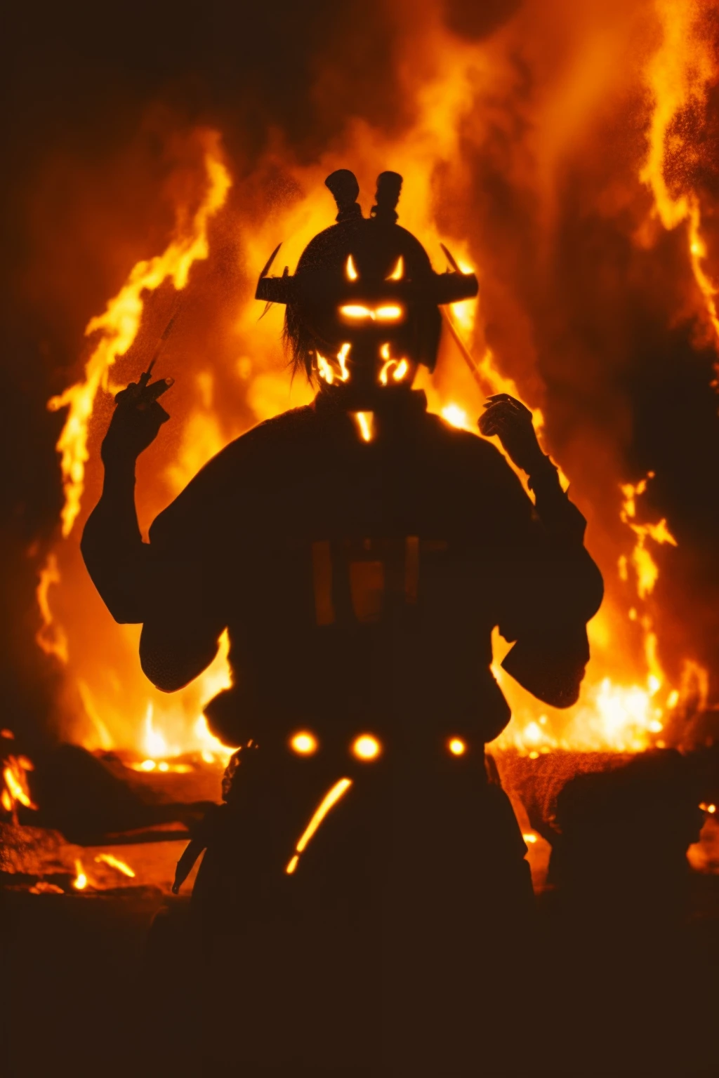 Stadt_Lichter, schwimmend, glowing,Graustufen, monochrom,demonic,Samurai,