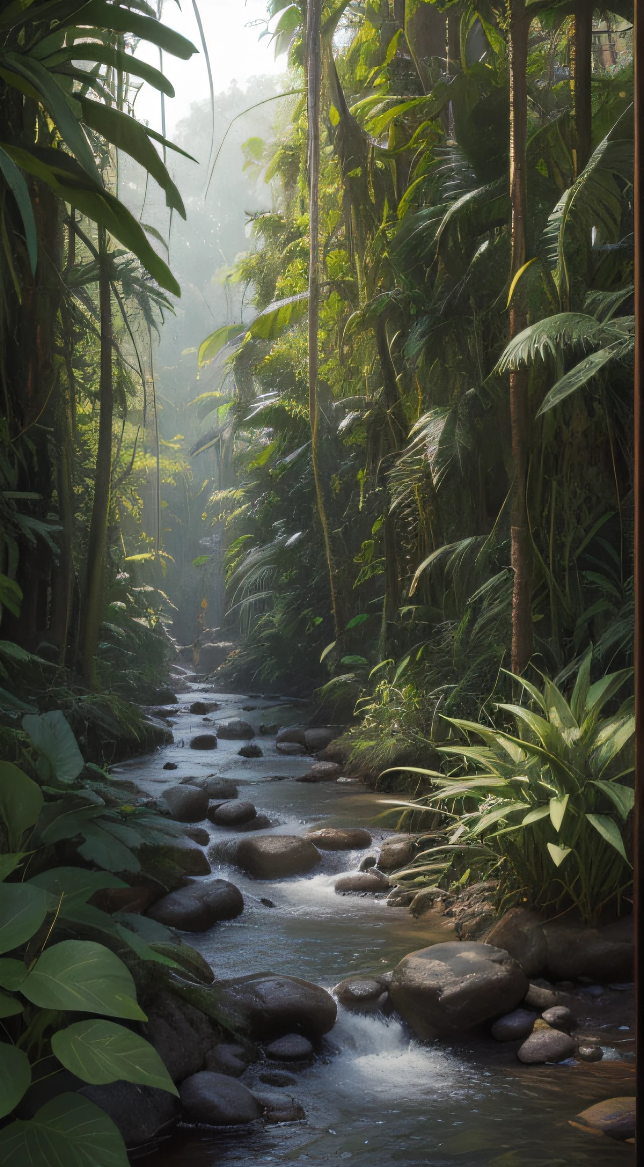 Detailed and intricate digital illustration of dense jungle, full of exotic plants and animals,