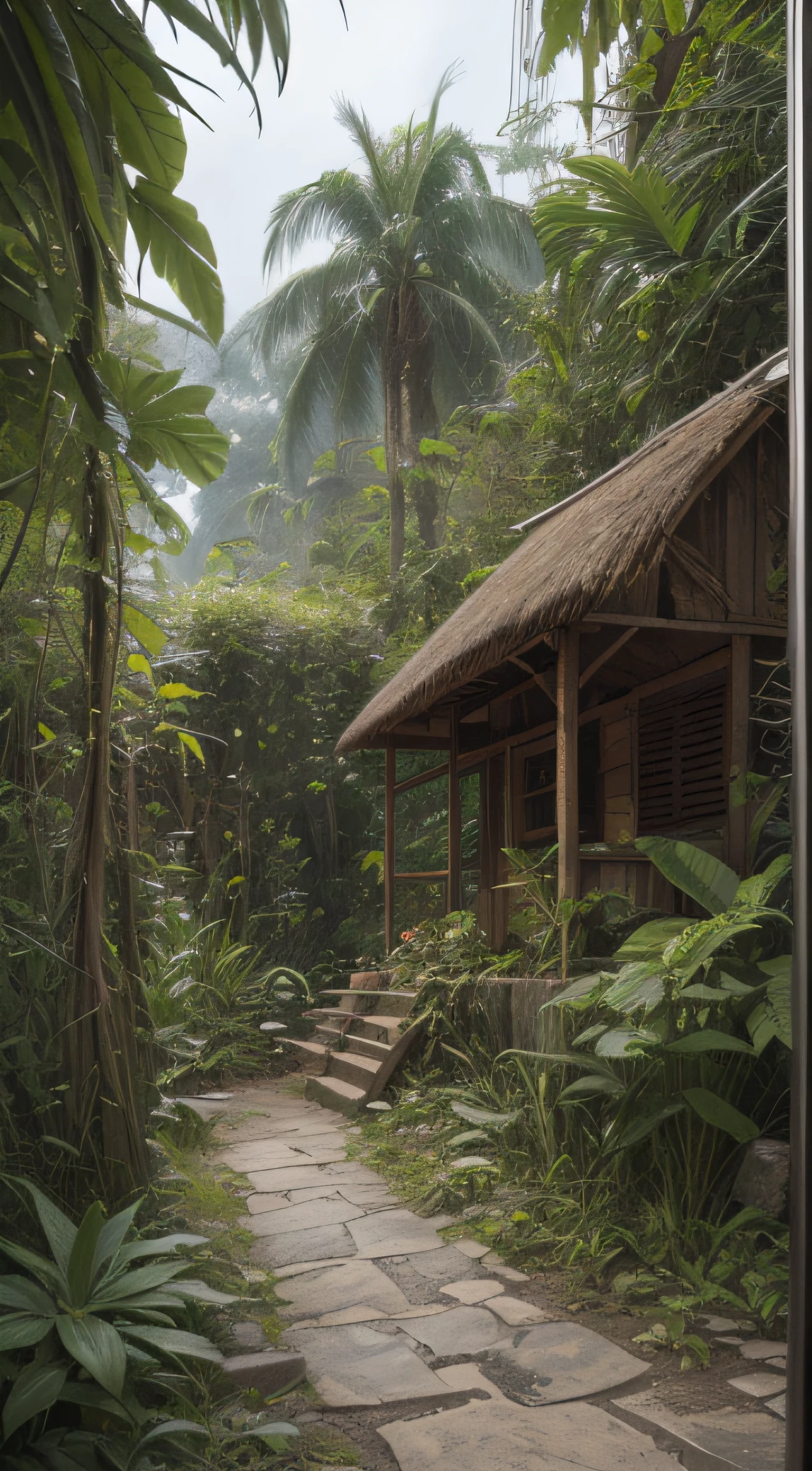 Detailed and intricate digital illustration of dense jungle, full of exotic plants and animals,