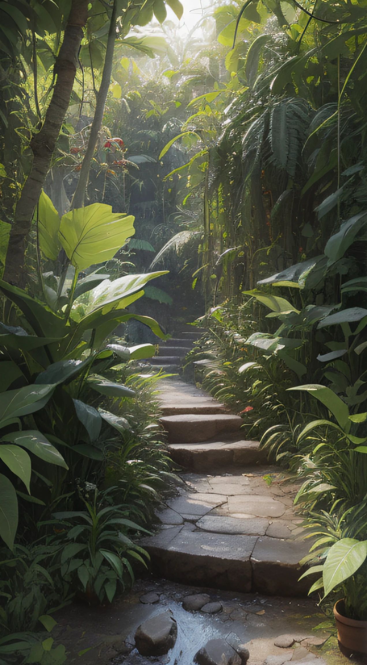 Detailed and intricate digital illustration of dense jungle, full of exotic plants and animals,